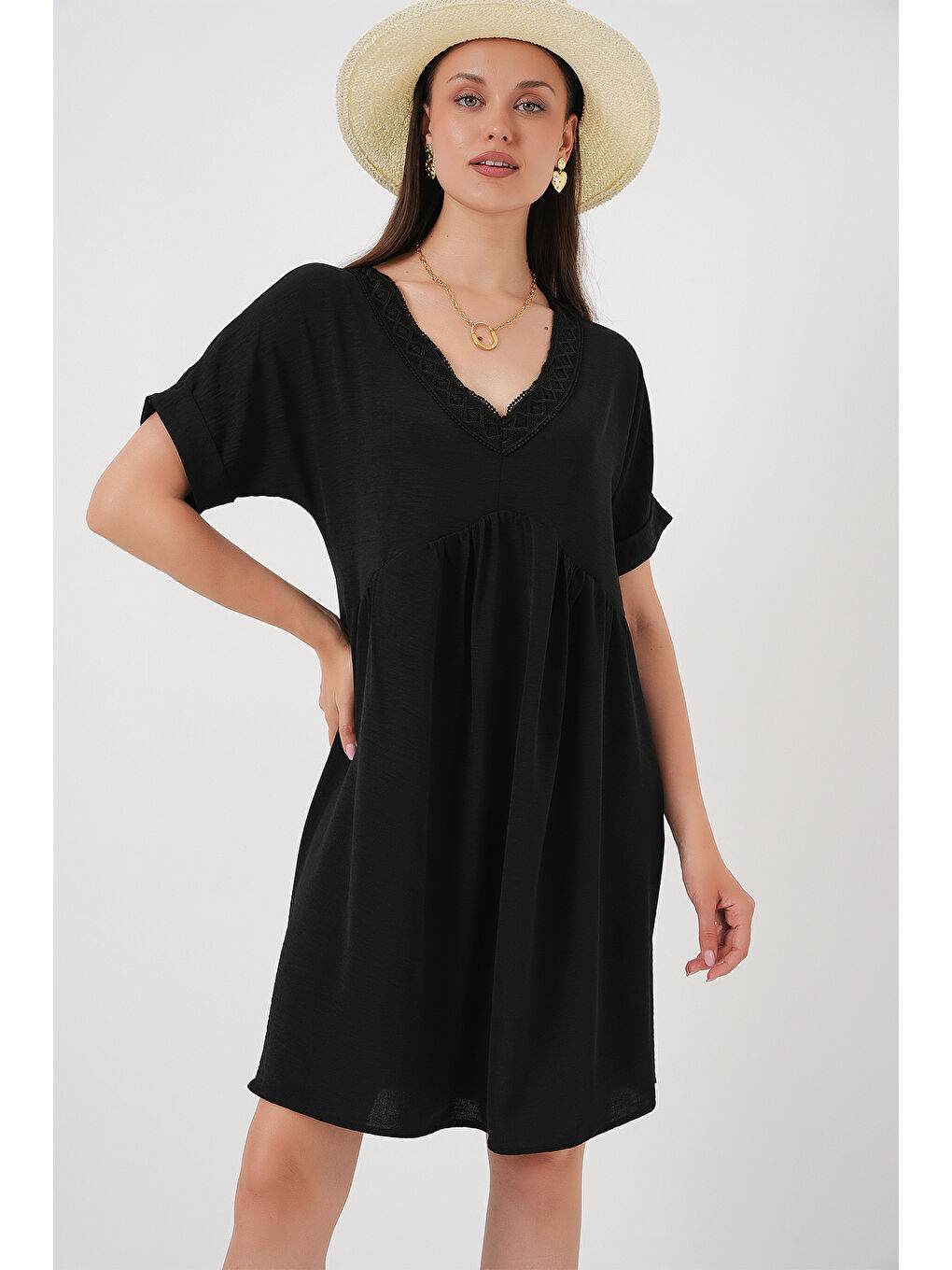 Kadın V Yaka Kısa Kol Elbise 2567 - Siyah-3