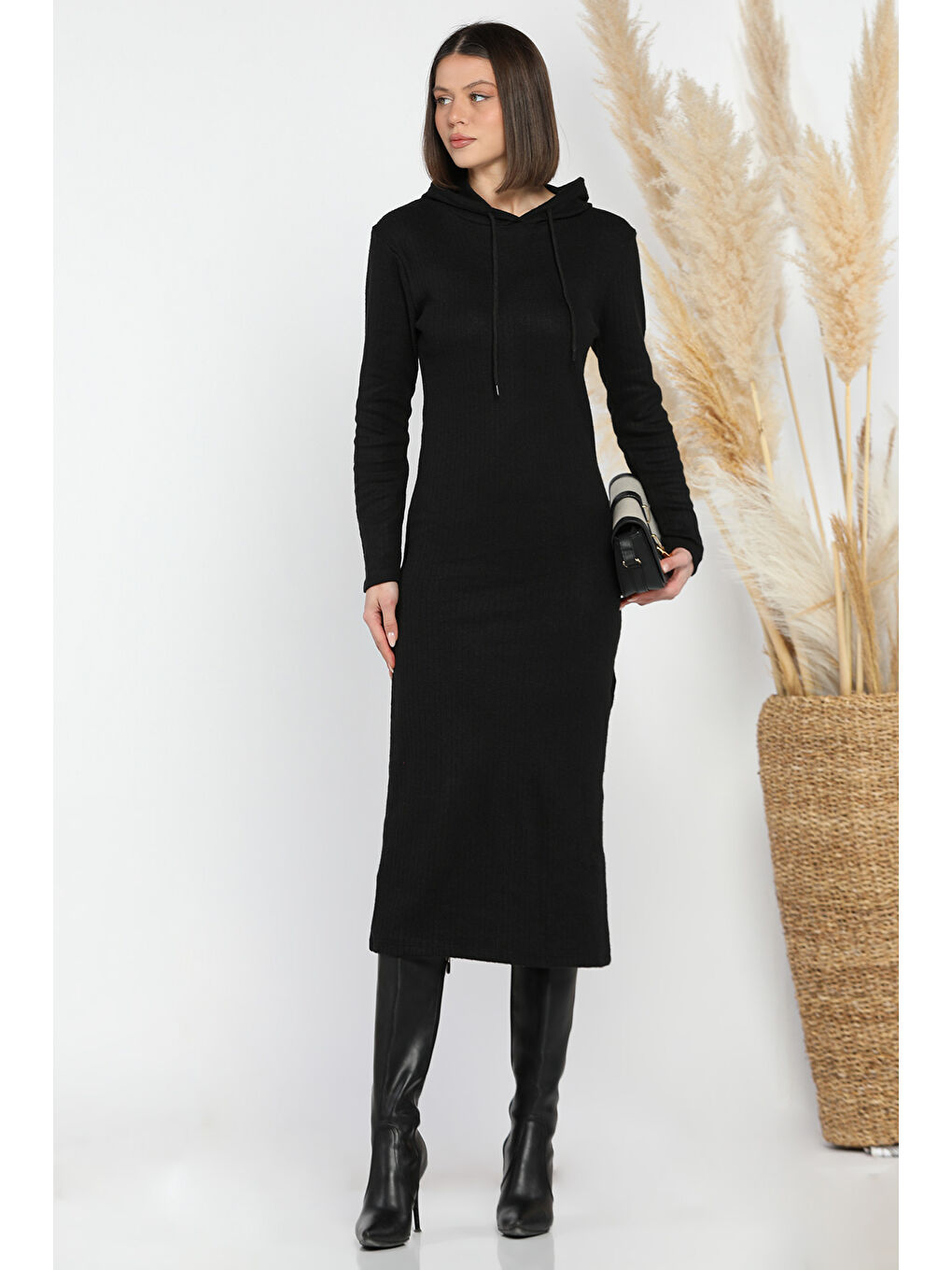 Siyah Kadın Kapüşonlu Fitilli Elbise-2