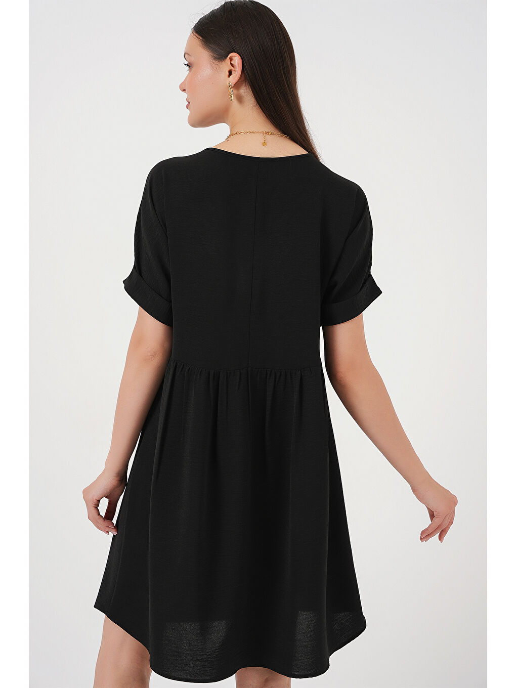 Kadın V Yaka Kısa Kol Elbise 2567 - Siyah-5