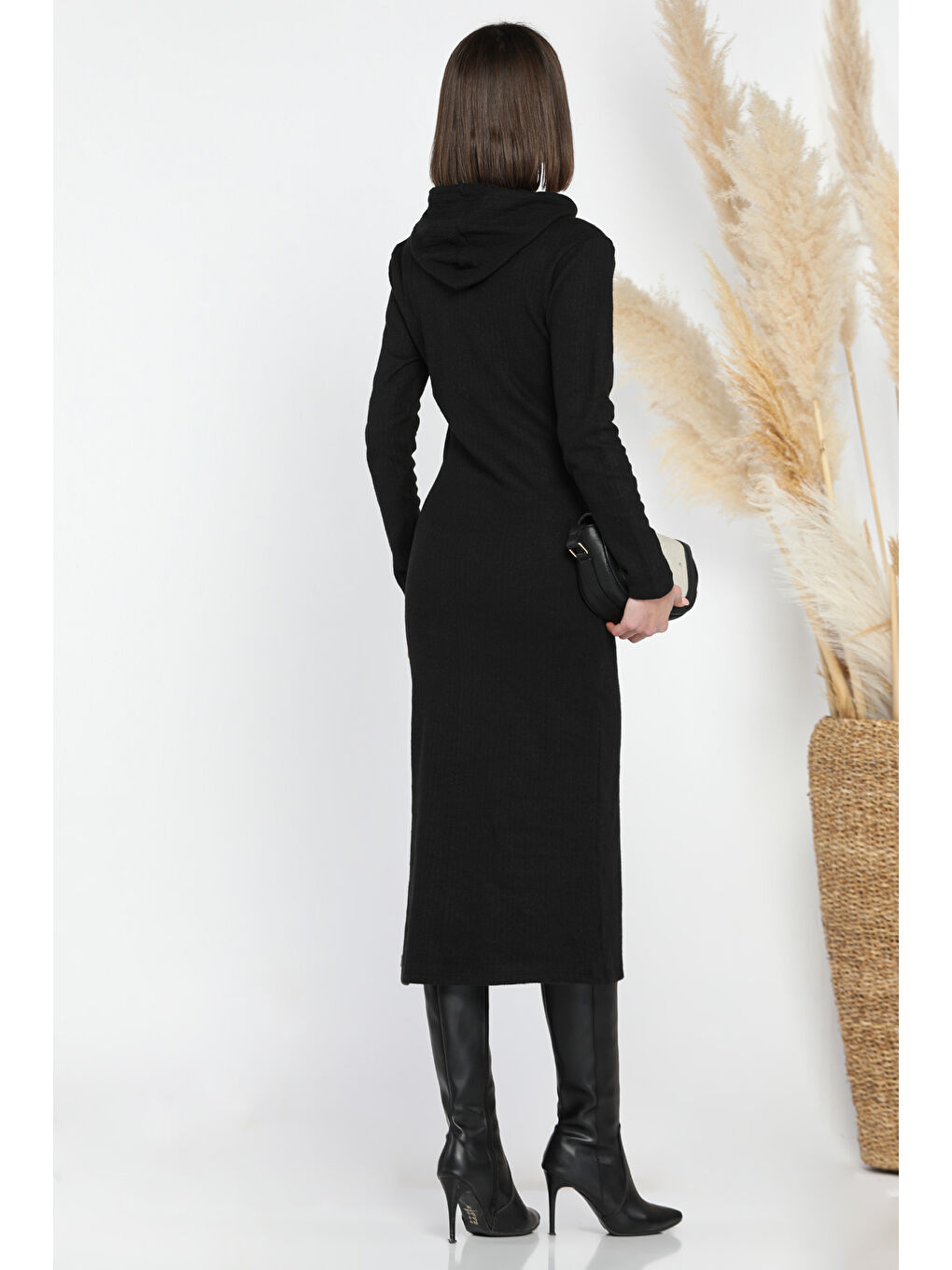 Siyah Kadın Kapüşonlu Fitilli Elbise-3