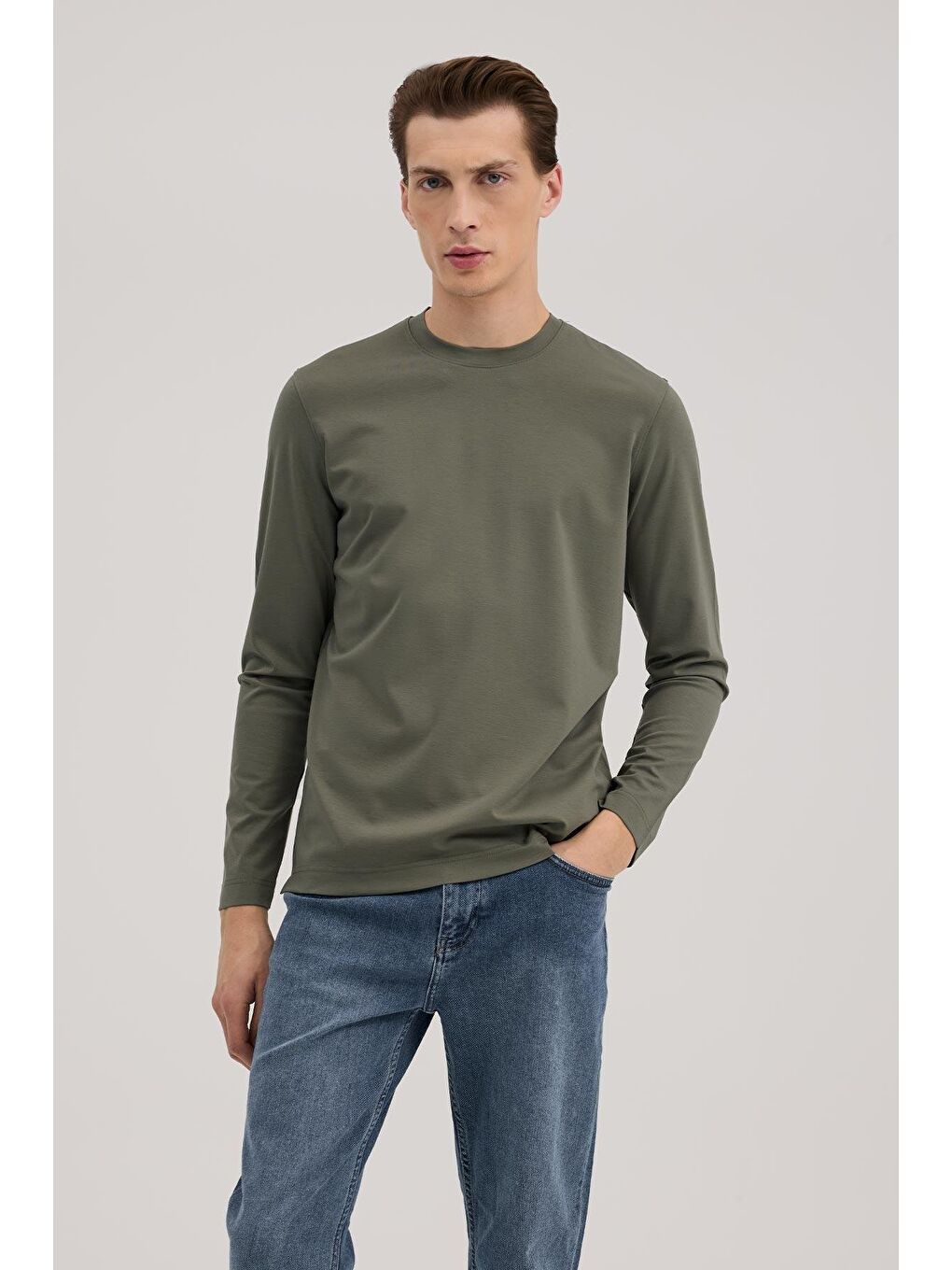 Haki Slim Fit Bisiklet Yaka Rayon Uzun Kollu Basic T-Shirt