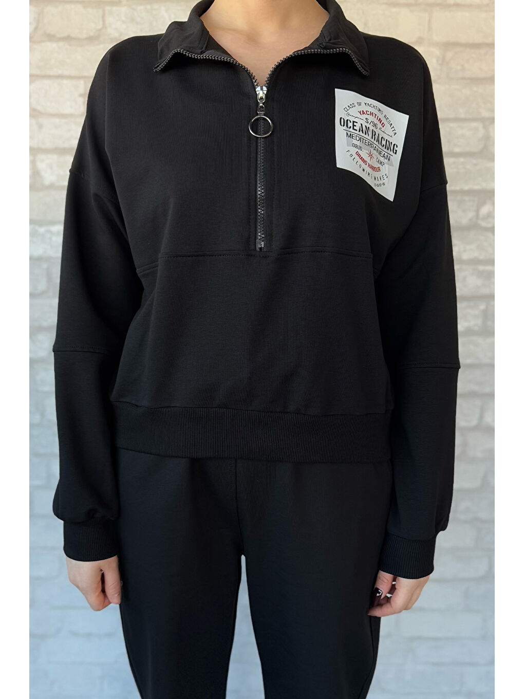 Siyah Kadın Dik Yaka Yarım Fermuarlı Sweat Pantolon Eşofman Takımı-3