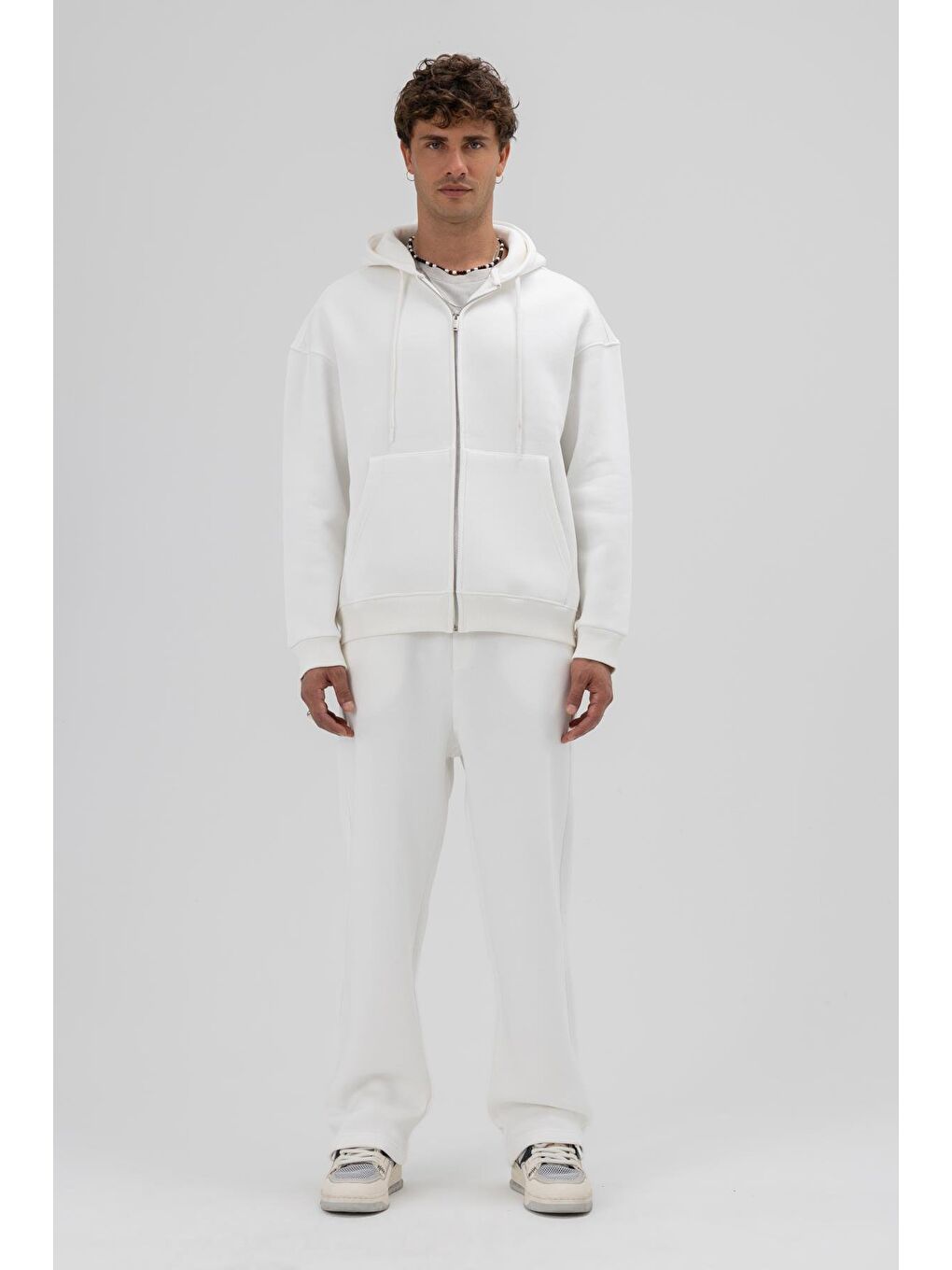 Basic Fermuarlı Oversize Kapüşonlu Sweatshirt Ekru