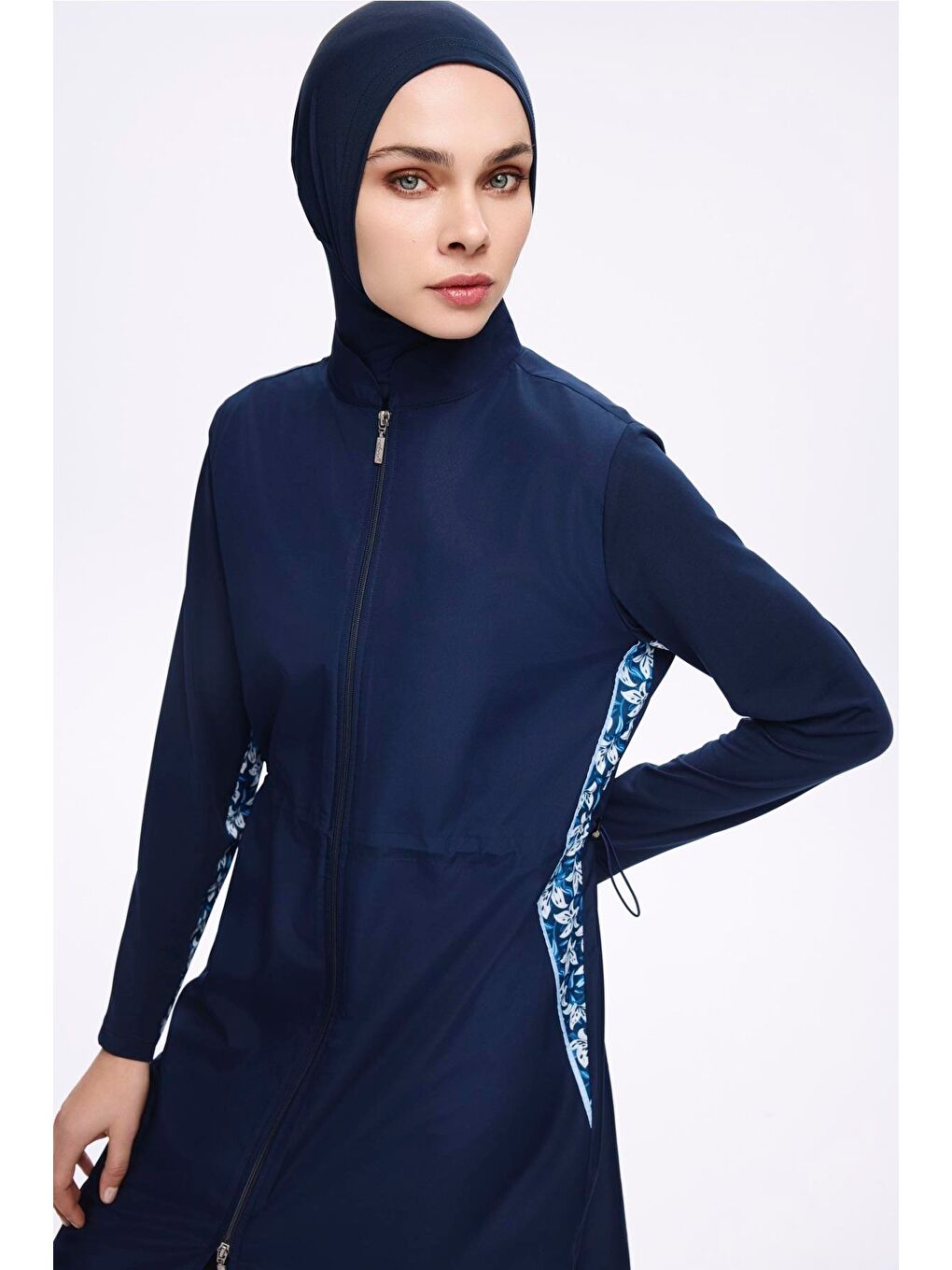 Kol Altı Desenli Lacivert 3 Parça Dokuma Tam Tesettür Mayo Takımı 2279-1
