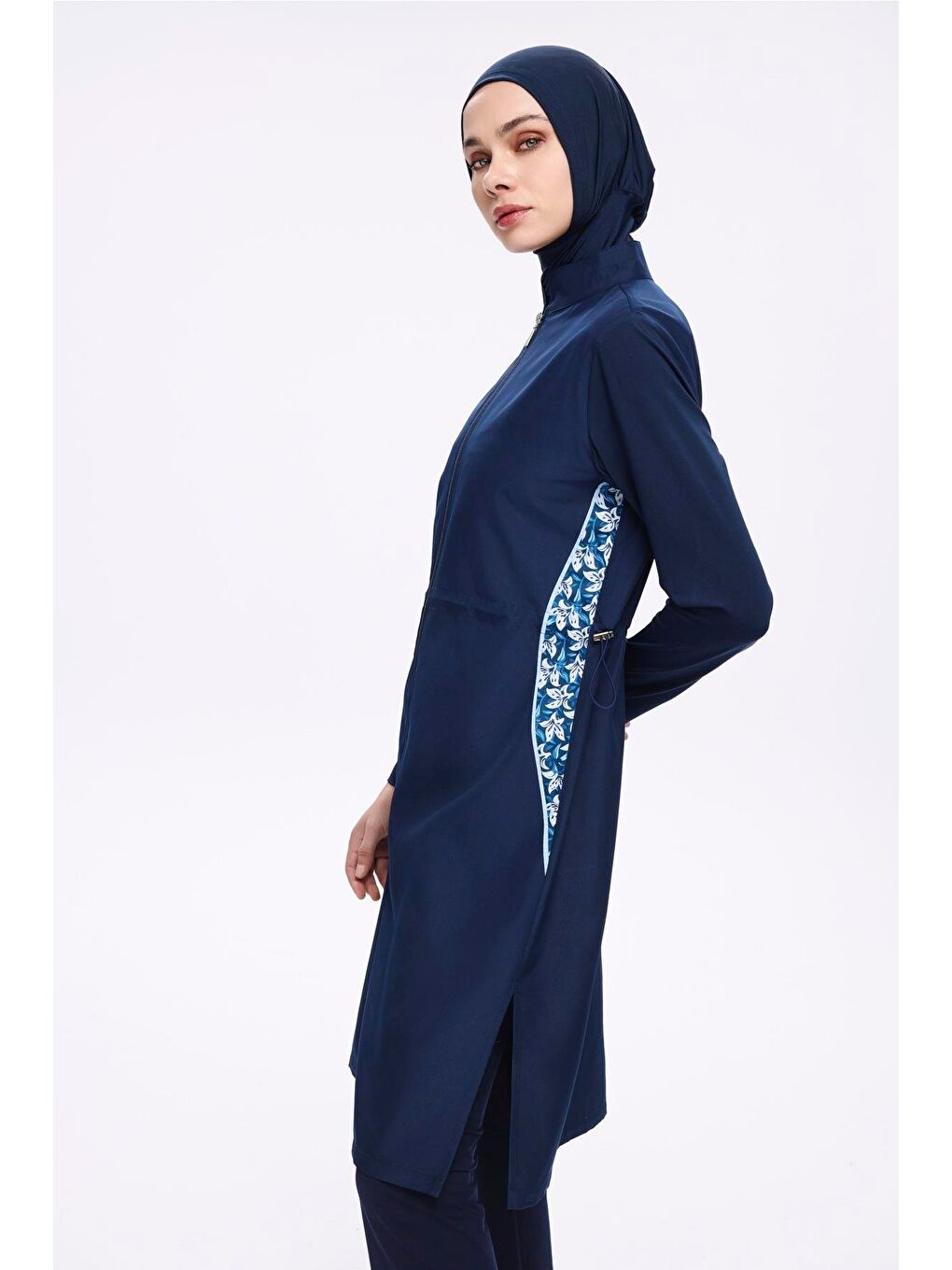 Kol Altı Desenli Lacivert 3 Parça Dokuma Tam Tesettür Mayo Takımı 2279-2