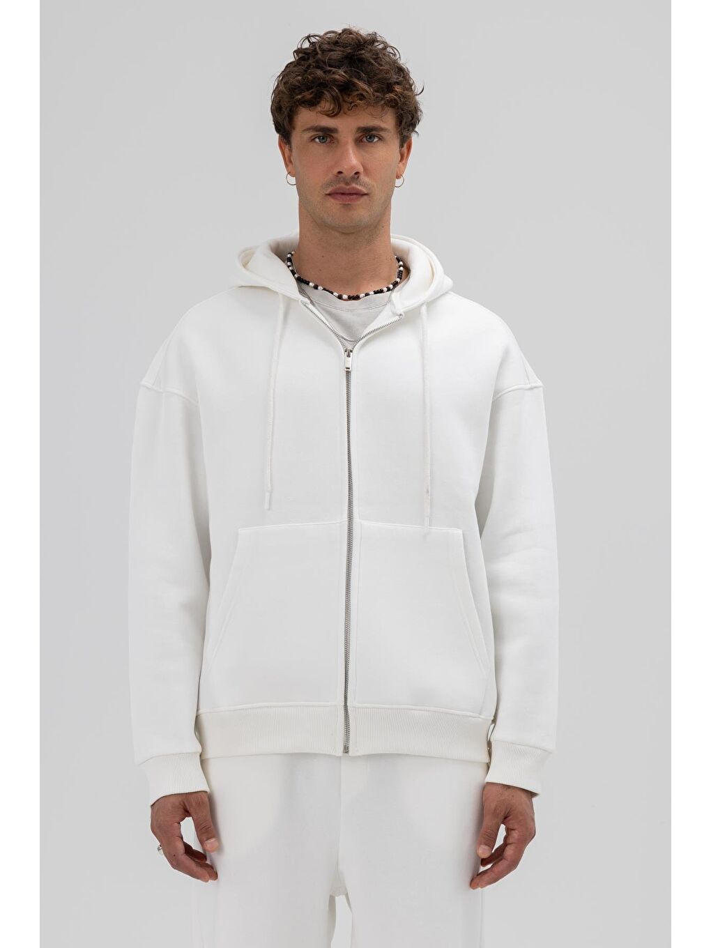 Basic Fermuarlı Oversize Kapüşonlu Sweatshirt Ekru-1