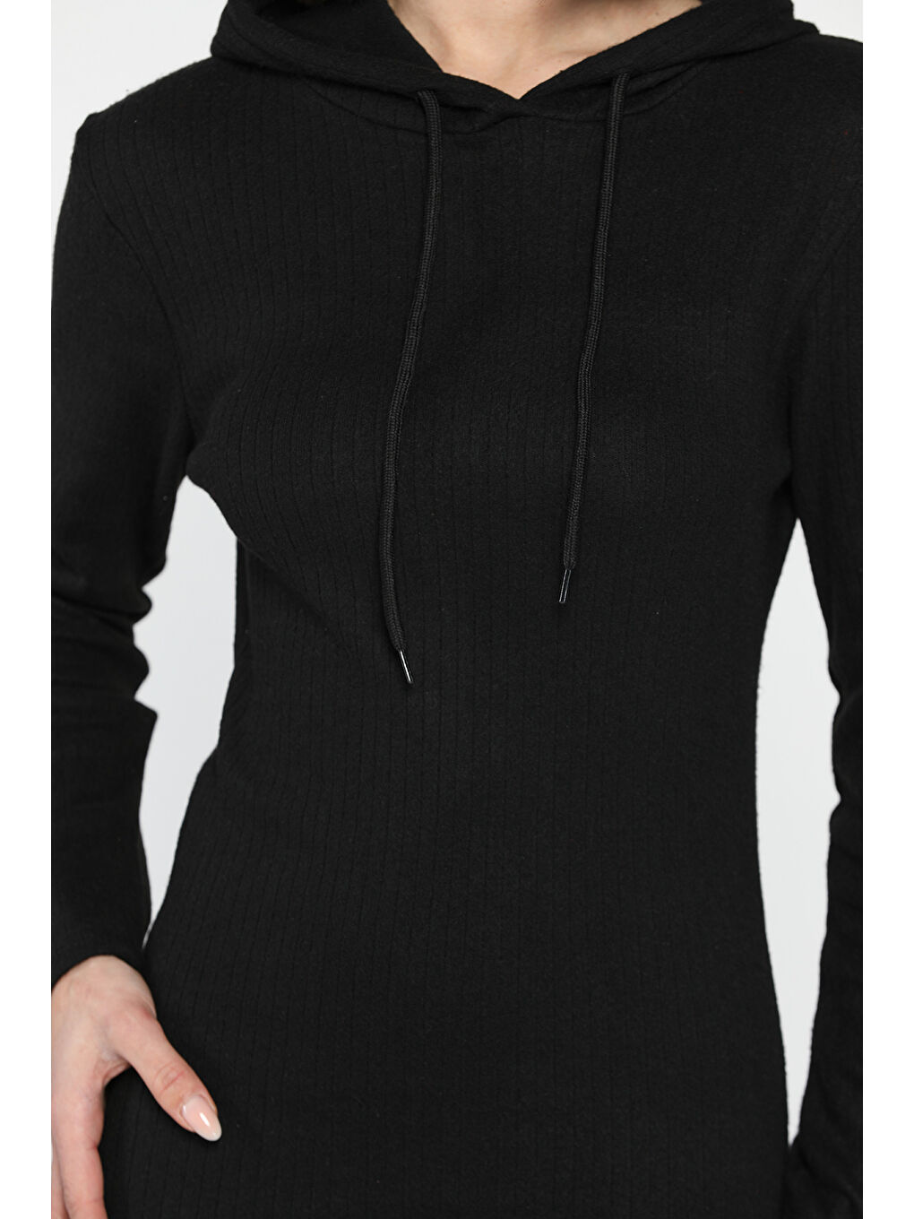 Siyah Kadın Kapüşonlu Fitilli Elbise-4