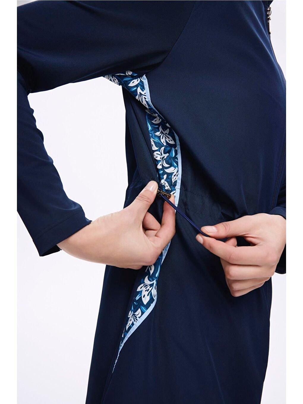 Kol Altı Desenli Lacivert 3 Parça Dokuma Tam Tesettür Mayo Takımı 2279-3