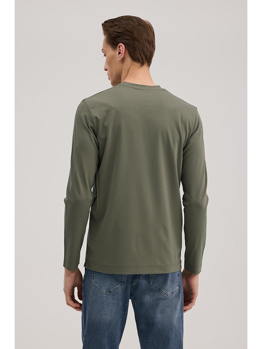 Haki Slim Fit Bisiklet Yaka Rayon Uzun Kollu Basic T-Shirt-3