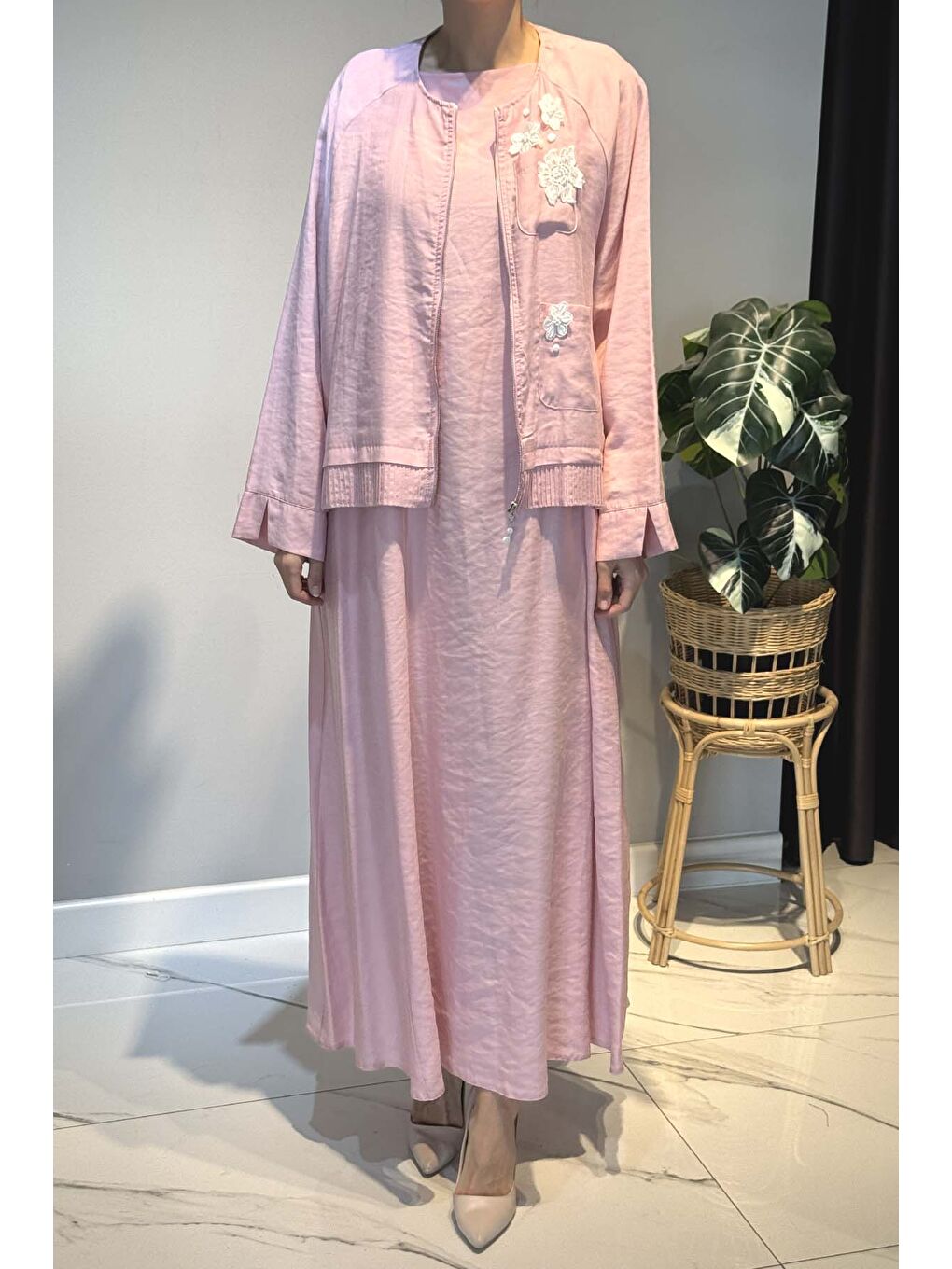 Çiçek ve Nervür Detay Elbiseli Takım 5961 Pembe-1