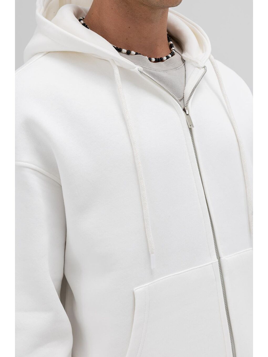 Basic Fermuarlı Oversize Kapüşonlu Sweatshirt Ekru-3