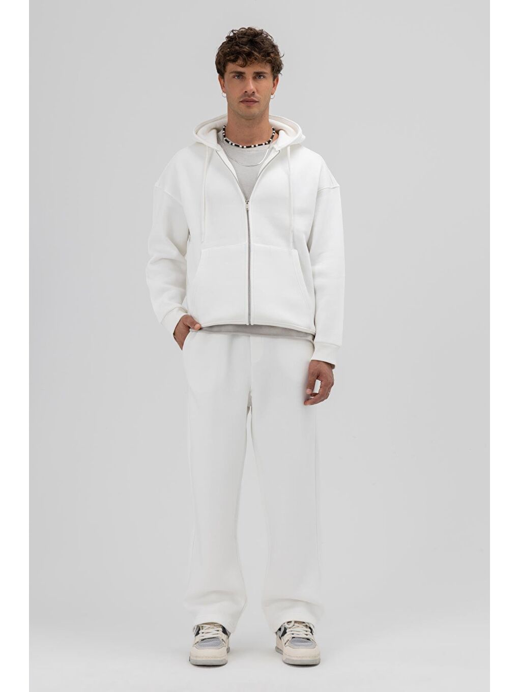 Basic Fermuarlı Oversize Kapüşonlu Sweatshirt Ekru-5