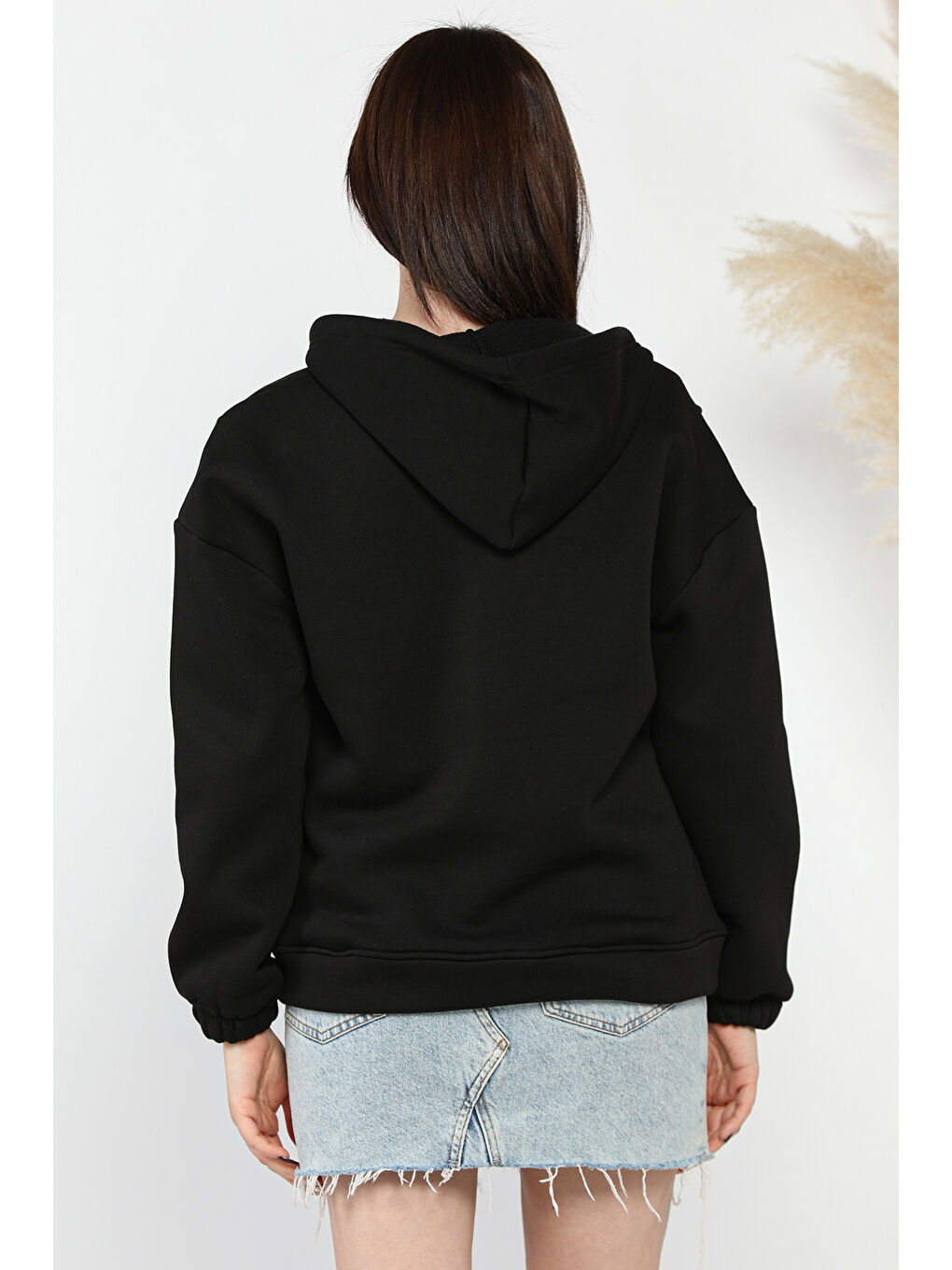 Siyah Yarım Fermuarlı Üç İplik Şardonlu Kadın Sweatshirt-2