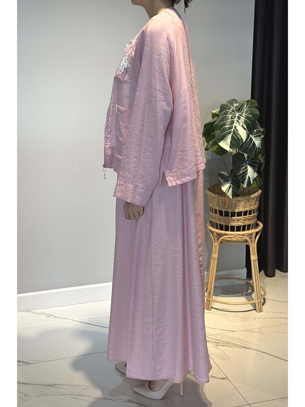 Çiçek ve Nervür Detay Elbiseli Takım 5961 Pembe-2