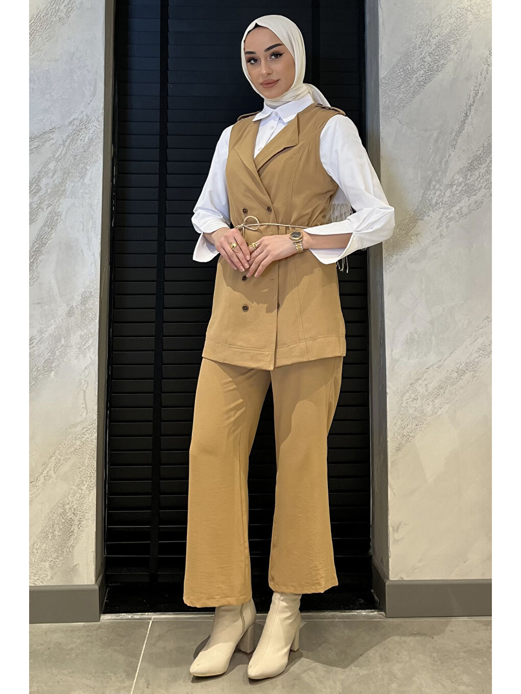 Ekru Kadın Gömlek Yelek Pantolon Tesettür Üçlü Takım-3