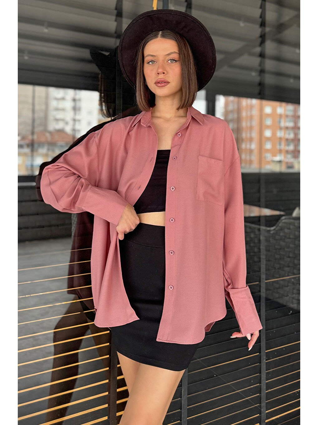 Pembe Kadın Tek Cepli Salaş Gömlek