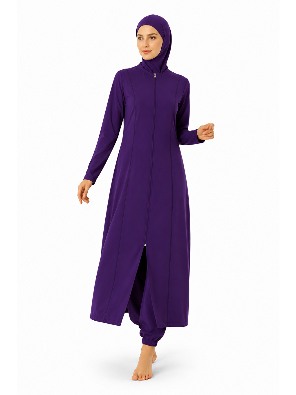 Tam Kapalı Uzun Düz Paraşüt Kumaş Tesettür Mayo Mor-3514-3