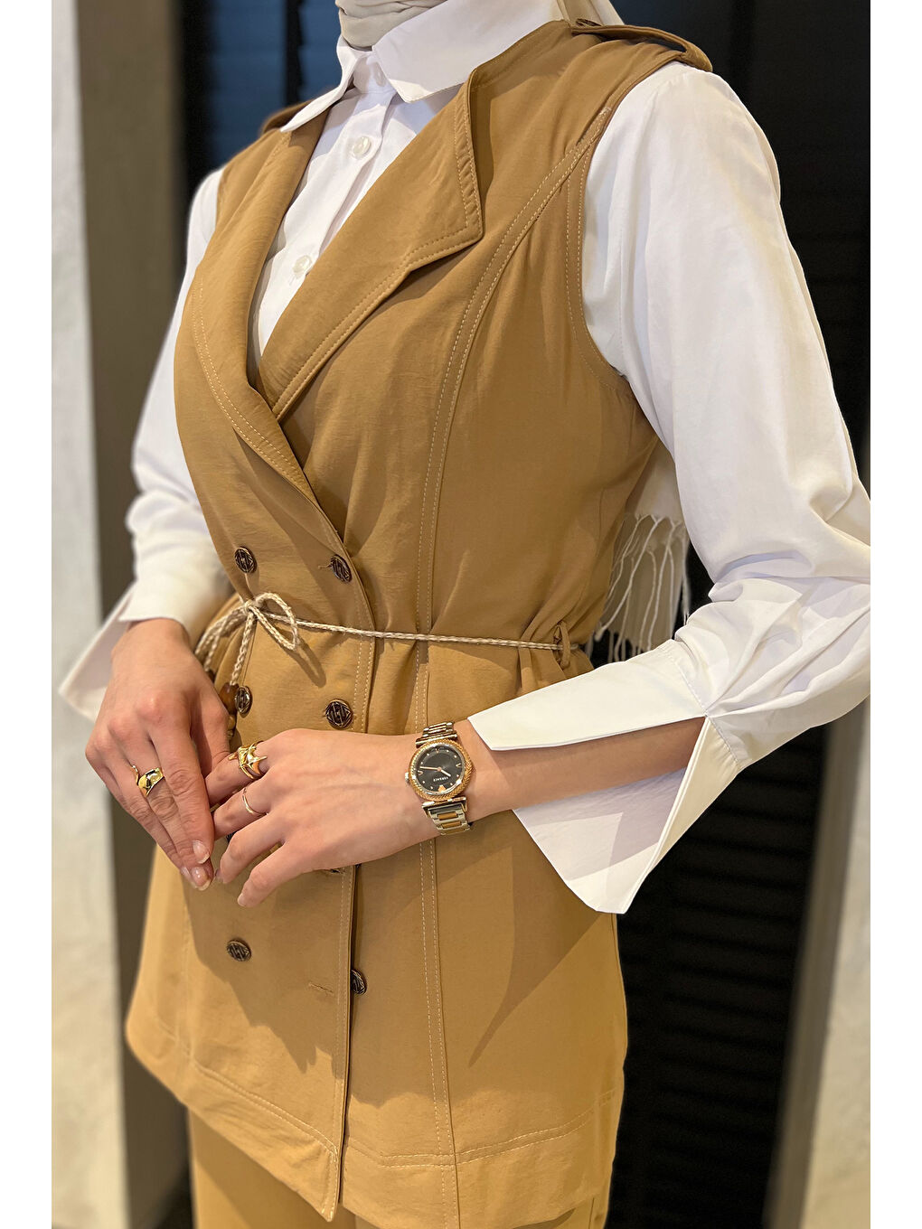 Ekru Kadın Gömlek Yelek Pantolon Tesettür Üçlü Takım-4