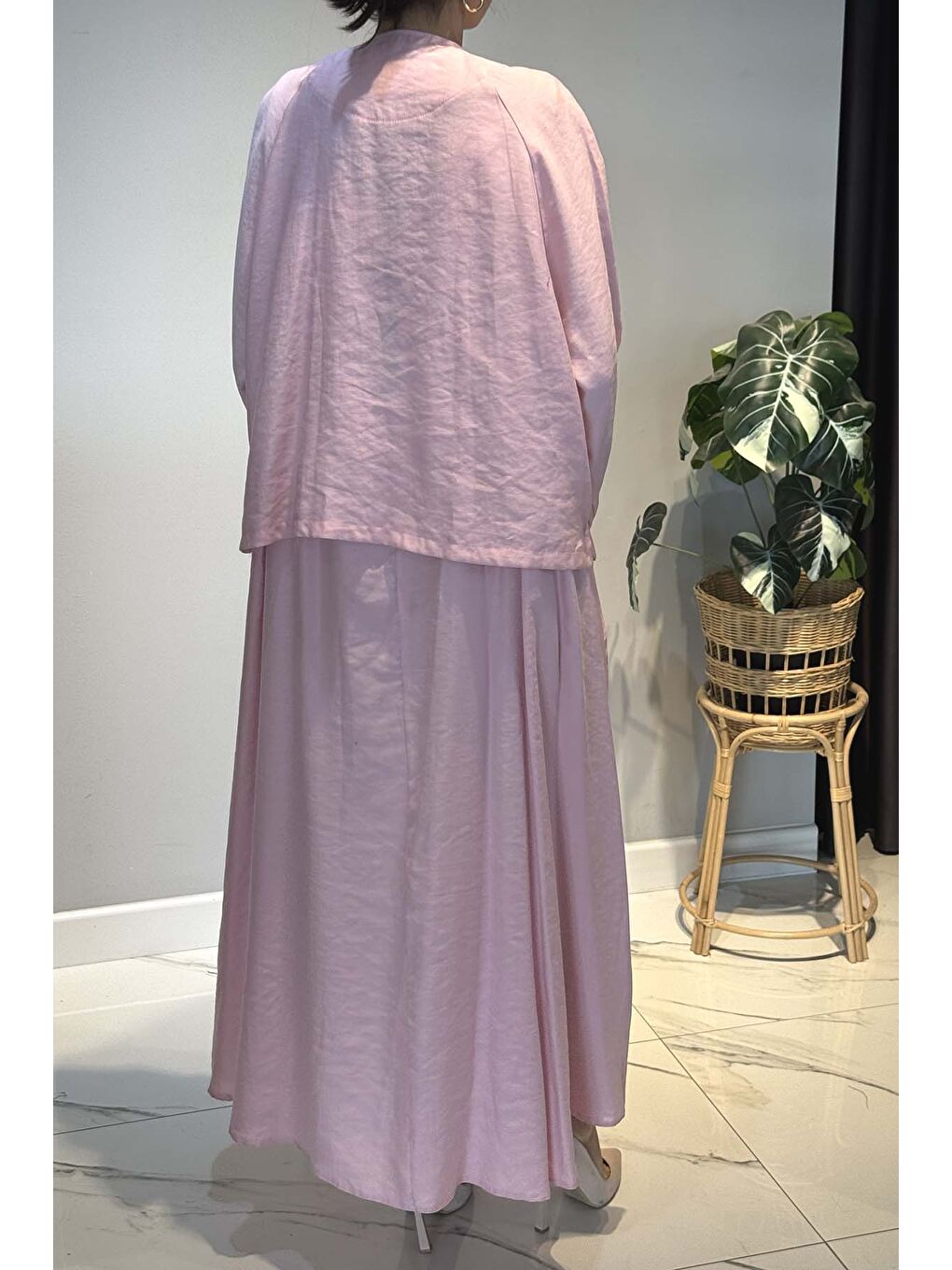 Çiçek ve Nervür Detay Elbiseli Takım 5961 Pembe-3