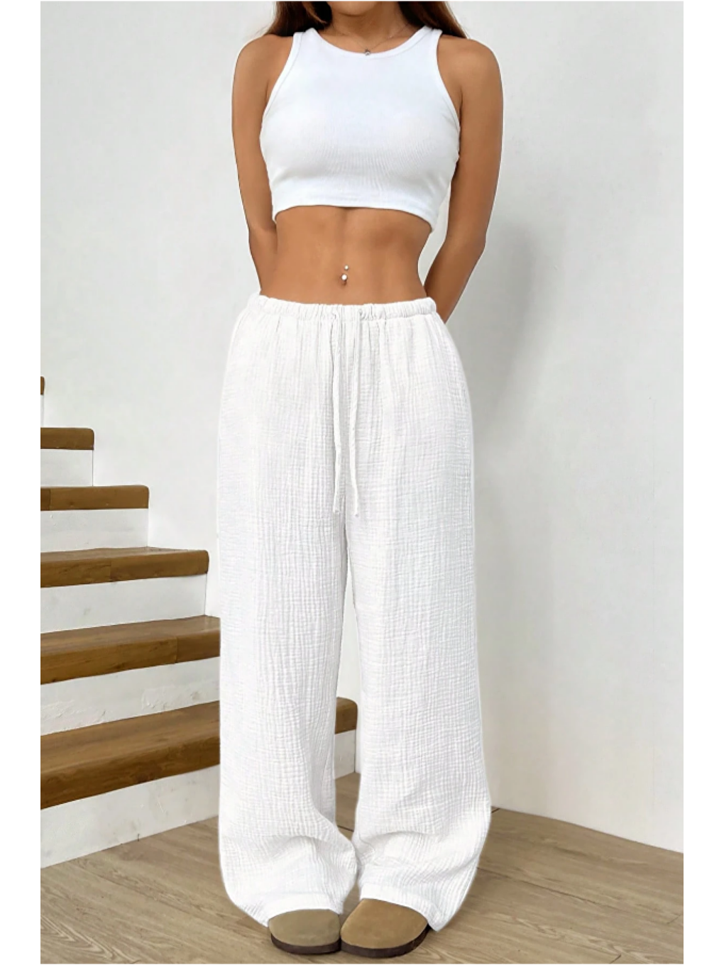 Beyaz Bol Paça Müslin Kadın Pantolon-4