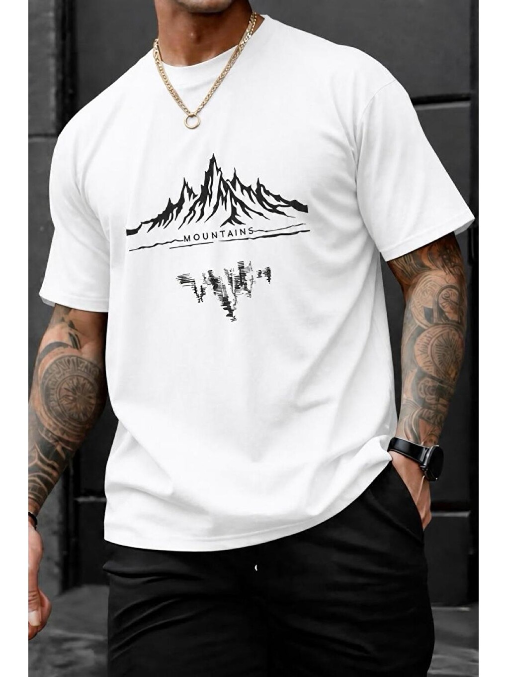 Beyaz Mountains Baskılı Bisiklet Yaka Pamuklu Erkek T-Shirt Rahat Kesim