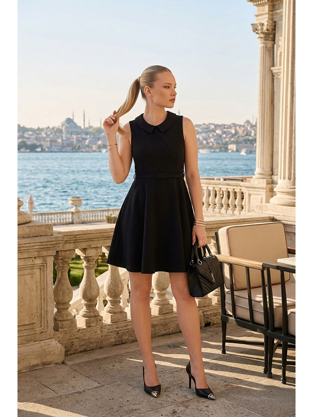 Siyah A Kesim Regular Fit Yaka ve Kemer Detaylı Mini Davet Elbise 6525740