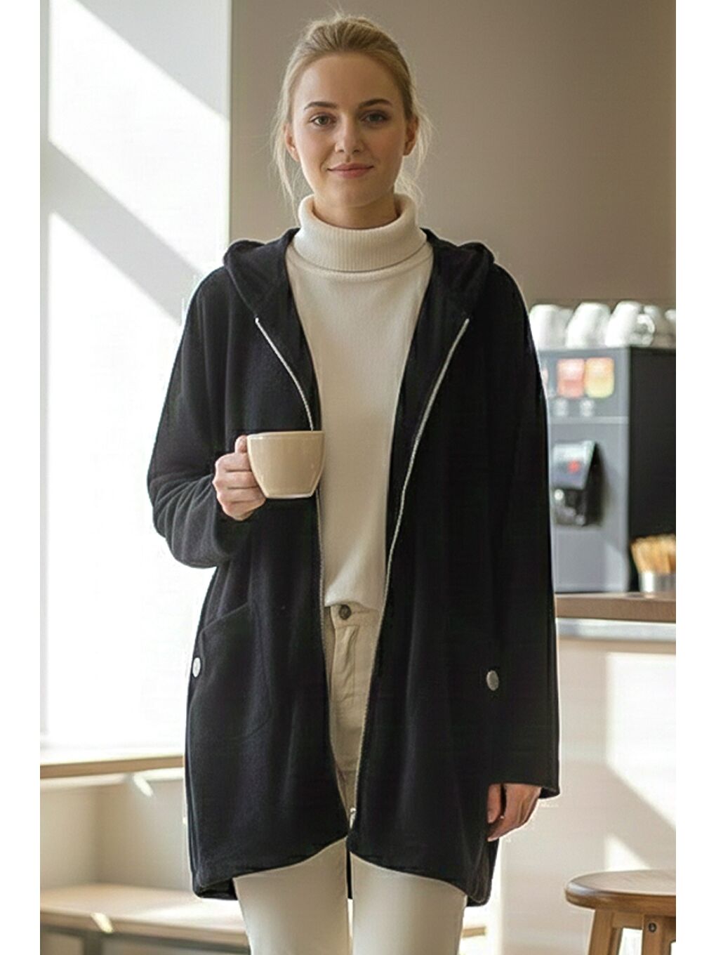 İtalyan Siyah Kapüşonlu Uzun Kol Fermuarlı Cepli Casual Kadife Oversize Dokuma Ceket 0 0-1