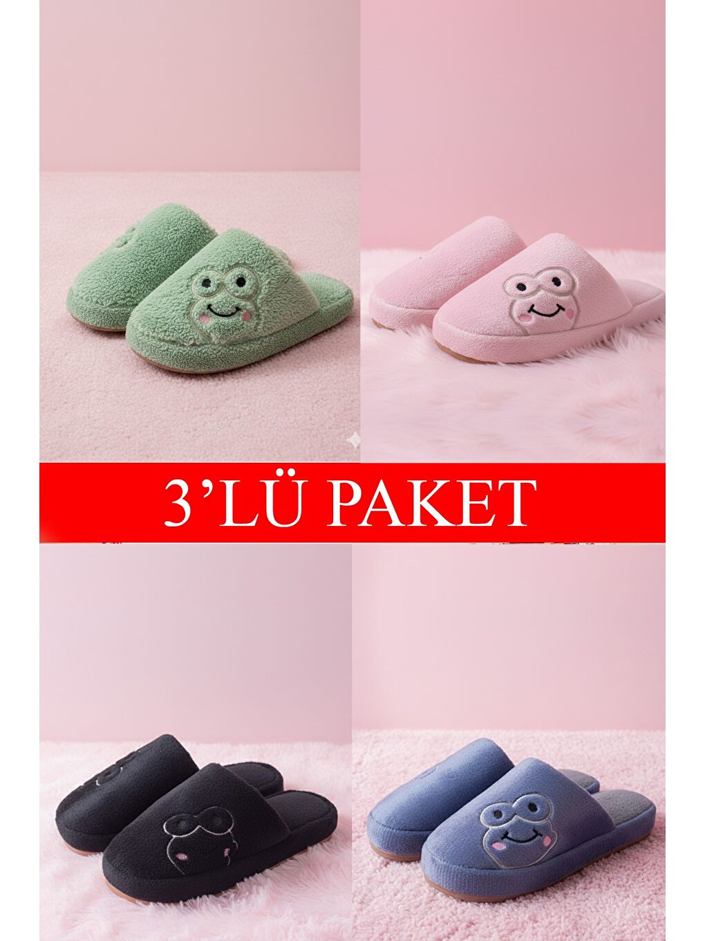 Karışık 3'lü Paket FROG Kurbağa Kapalı Kadın Terlik Ev Terliği