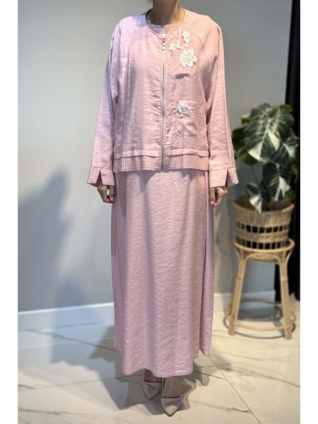 Çiçek ve Nervür Detay Elbiseli Takım 5961 Pembe-4