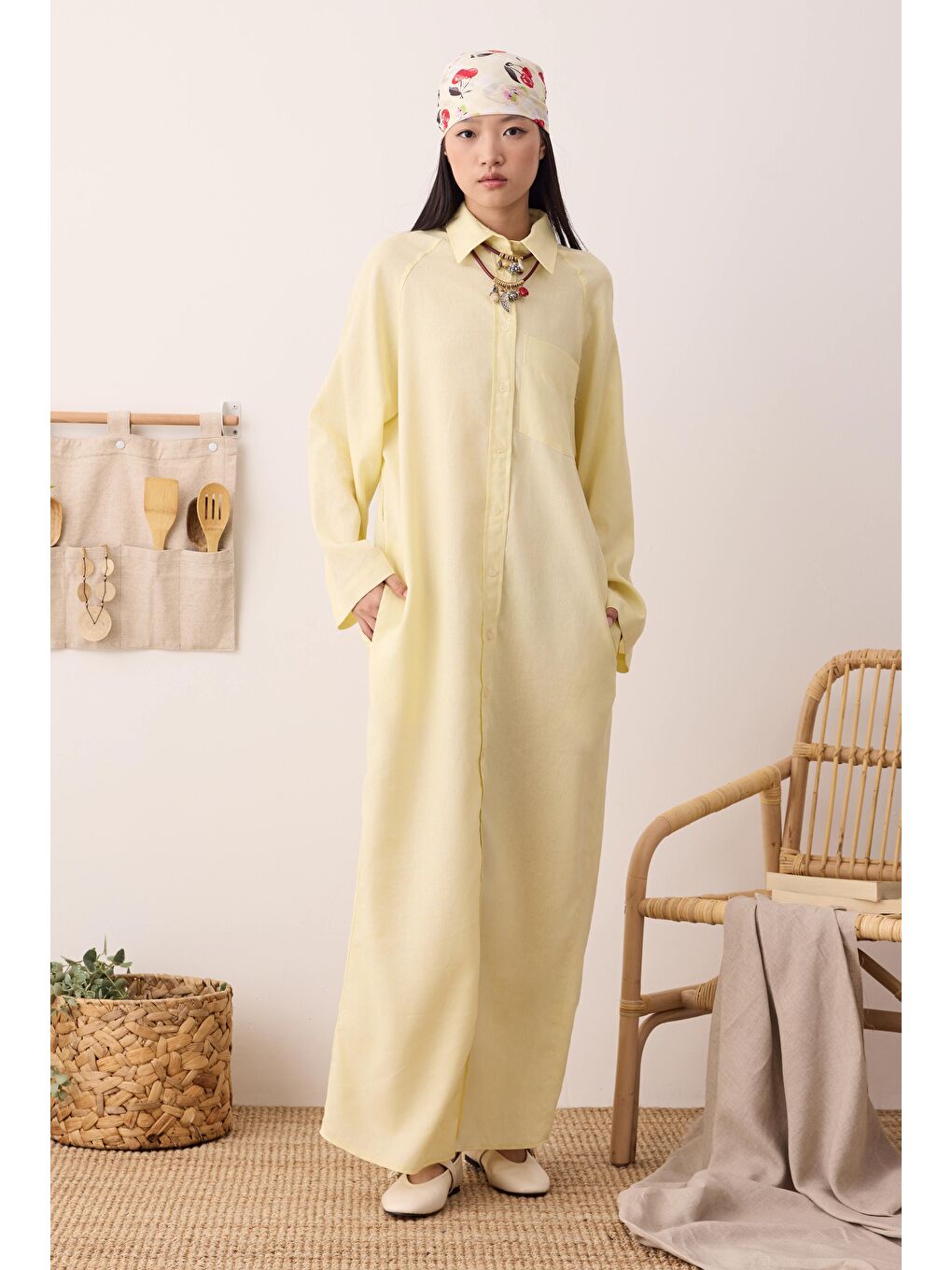 Reglan Kol Keten Elbise Soft Sarı
