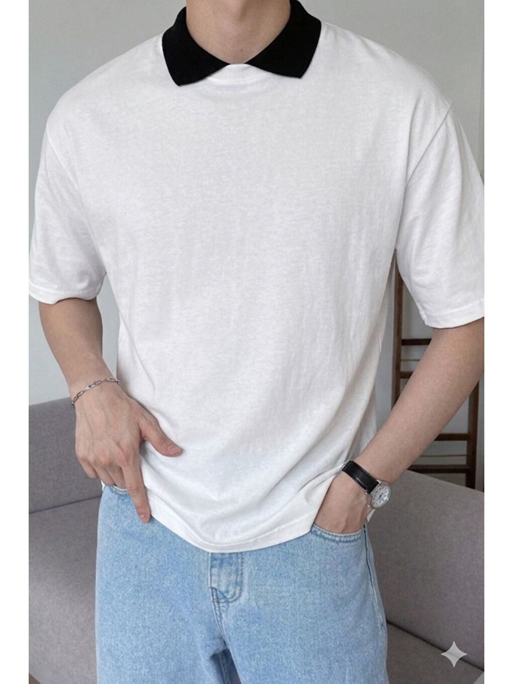 Beyaz Erkek Kolej Yaka Tişört Kontrast Detaylı Casual Regular Polo Yaka T-shirt-1