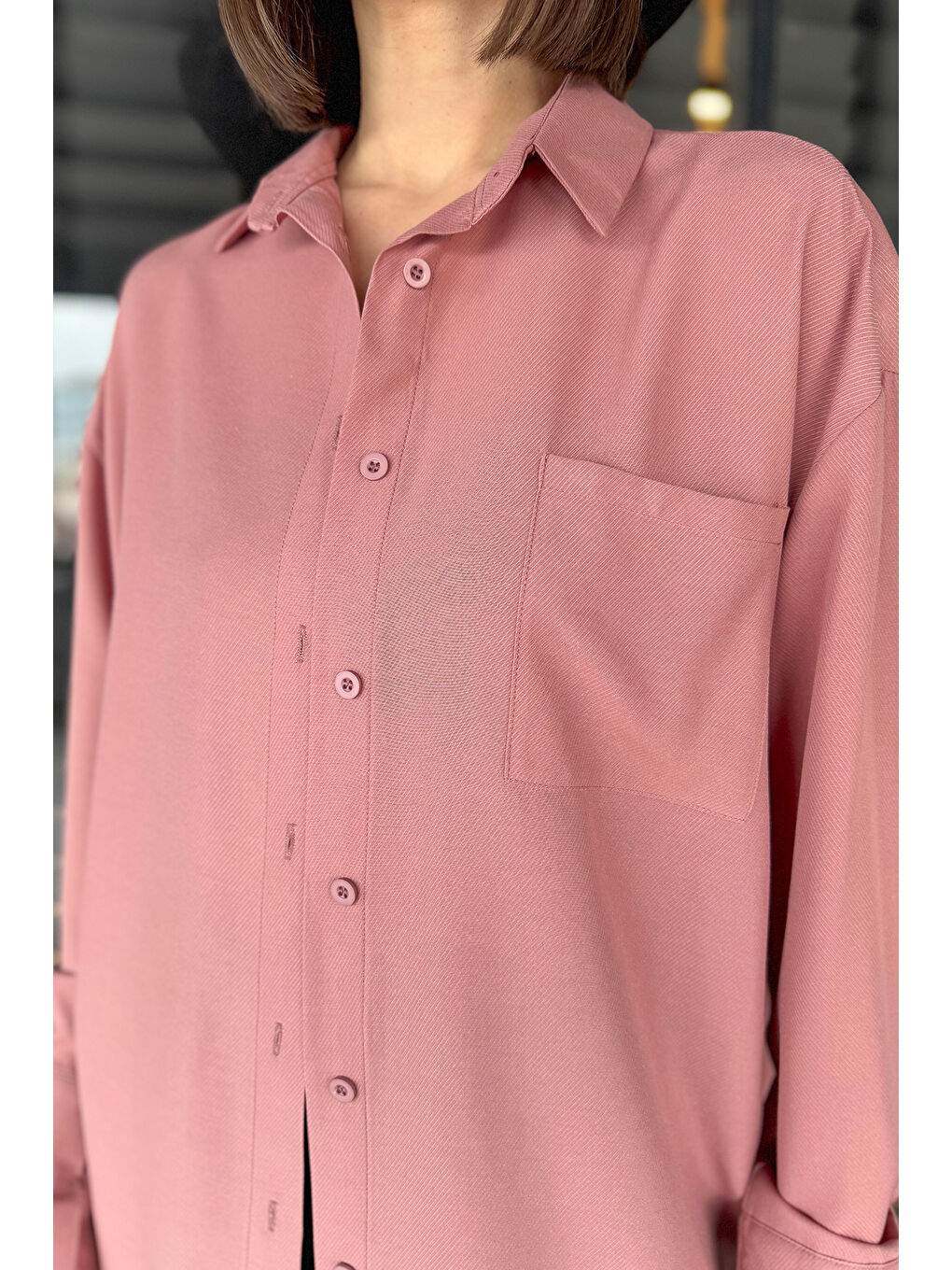 Pembe Kadın Tek Cepli Salaş Gömlek-2
