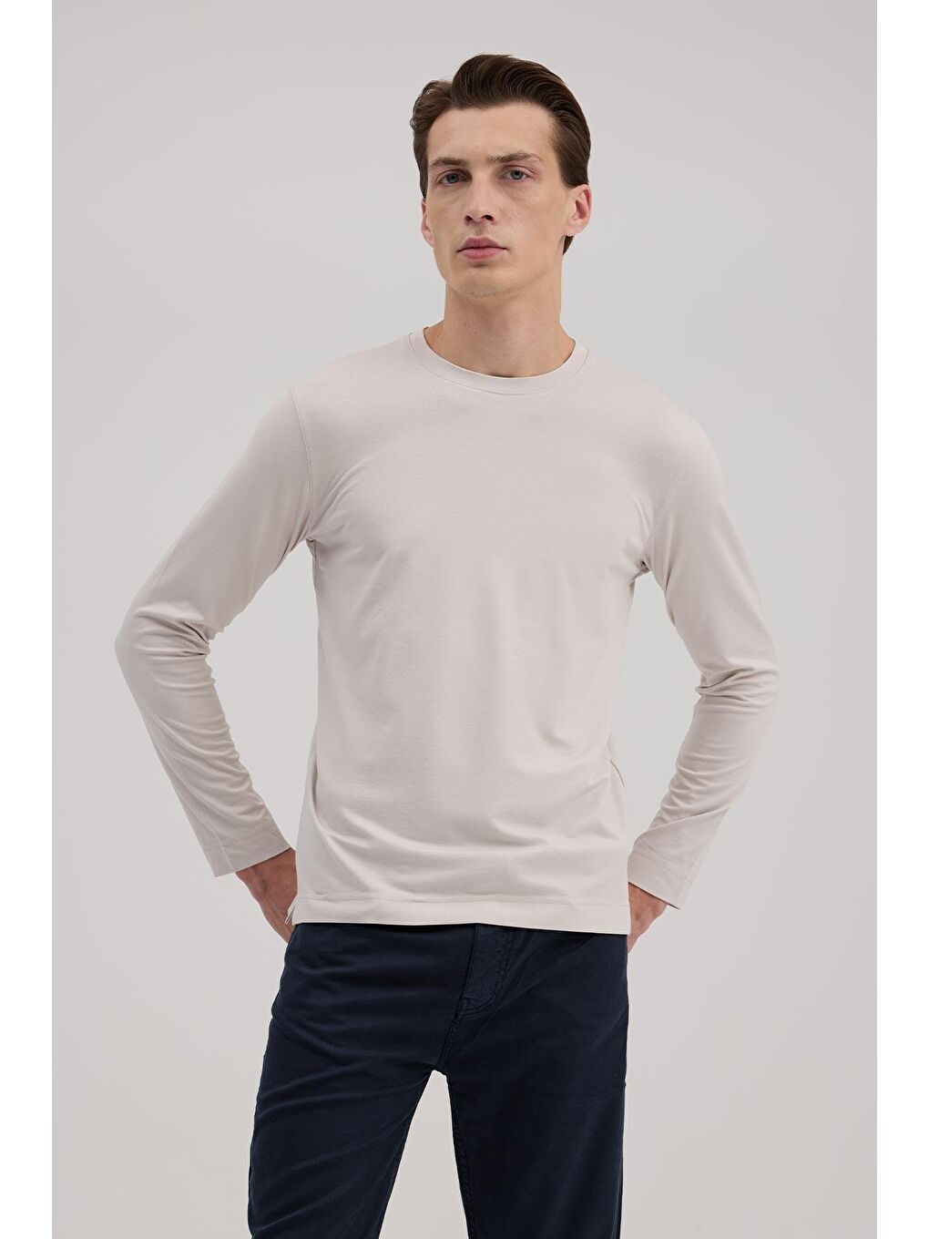 Gri Slim Fit Bisiklet Yaka Rayon Uzun Kollu Basic T-Shirt-1