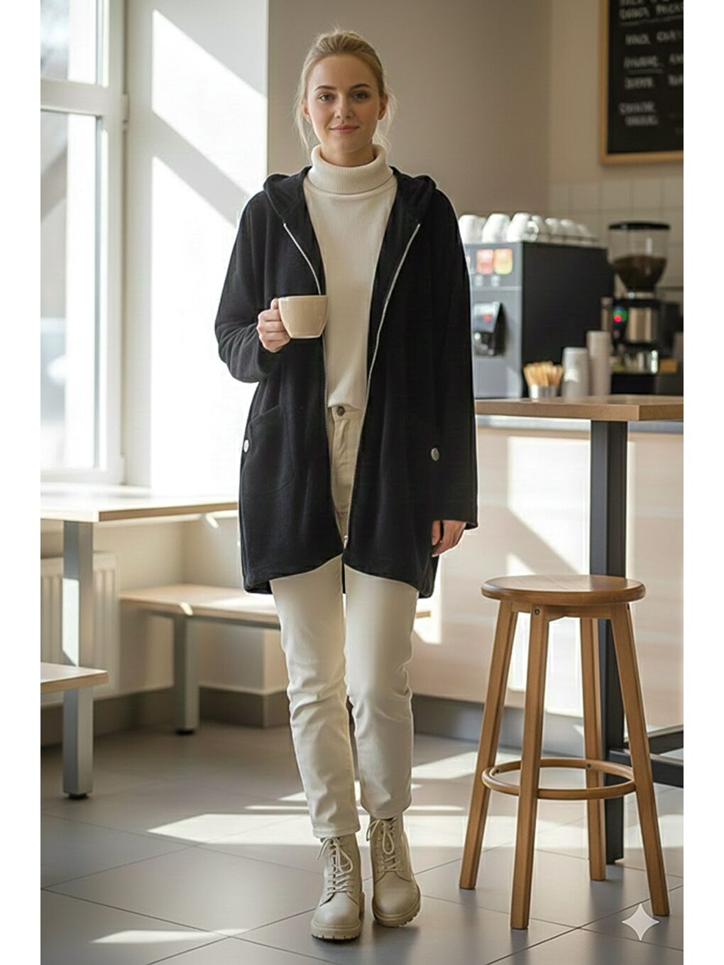 İtalyan Siyah Kapüşonlu Uzun Kol Fermuarlı Cepli Casual Kadife Oversize Dokuma Ceket 0 0-2