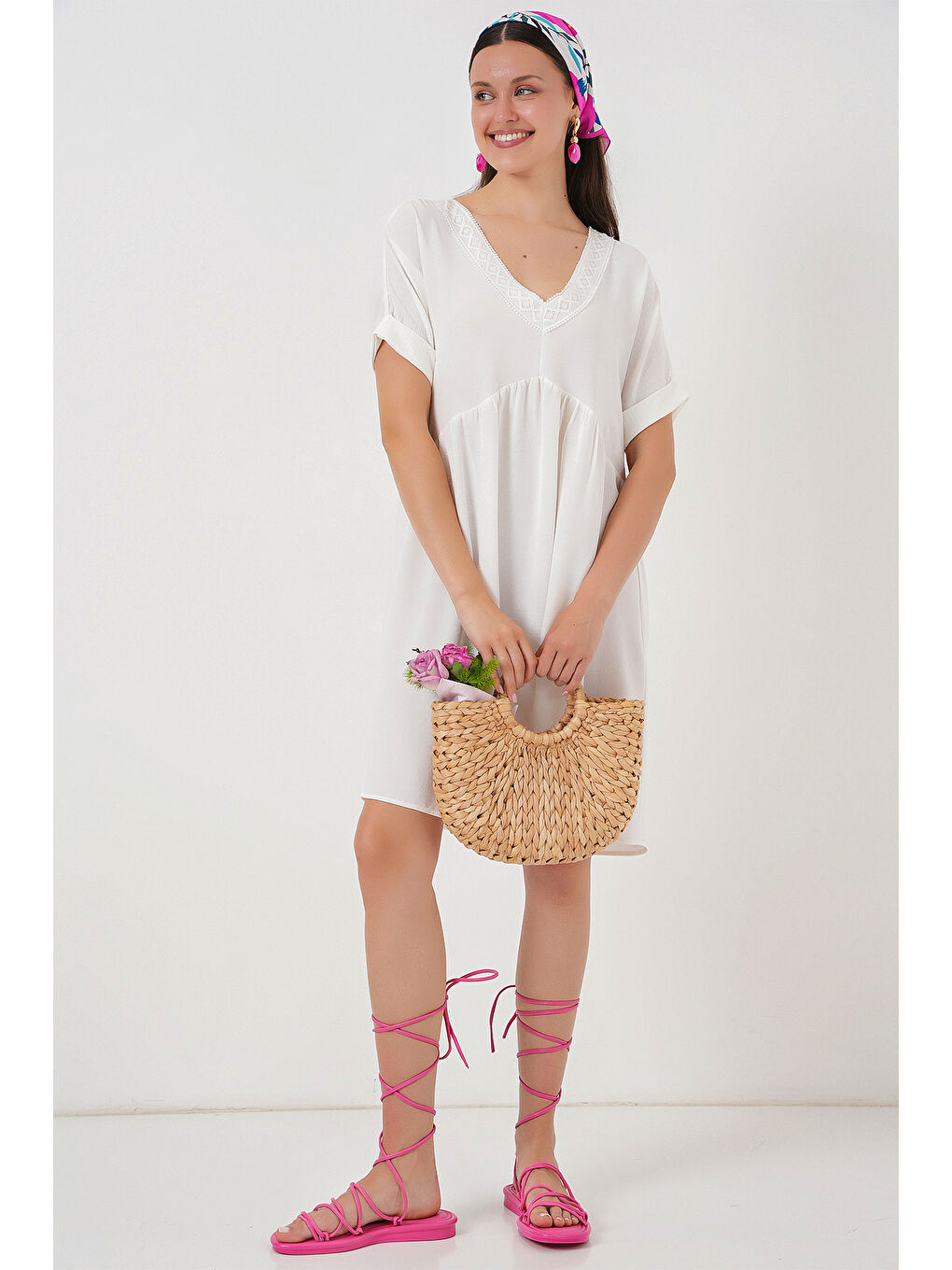 Kadın V Yaka Kısa Kol Elbise 2567 - Beyaz-2