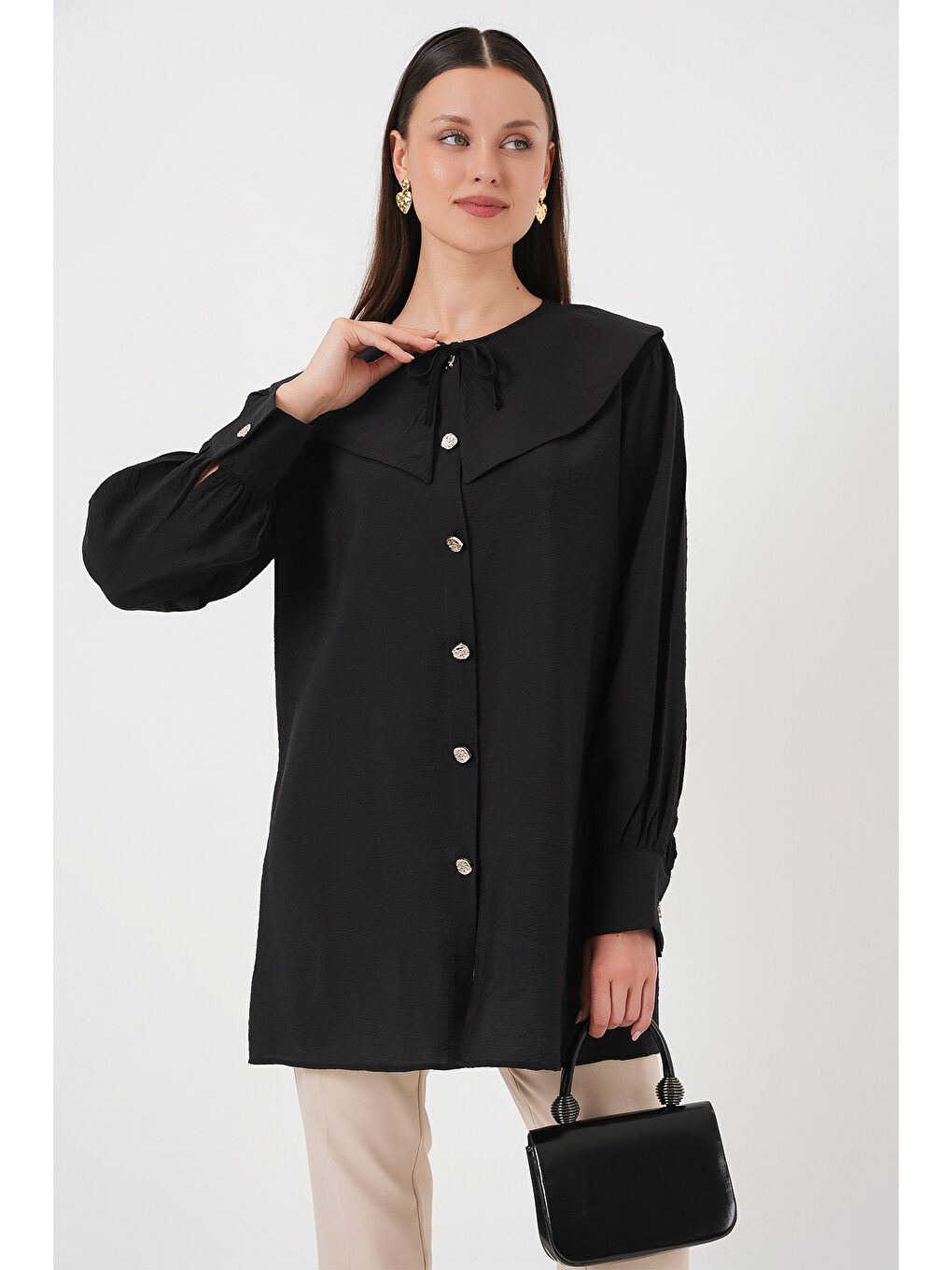 Kadın Bebe Yaka Uzun Tunik 5967 - Siyah-3