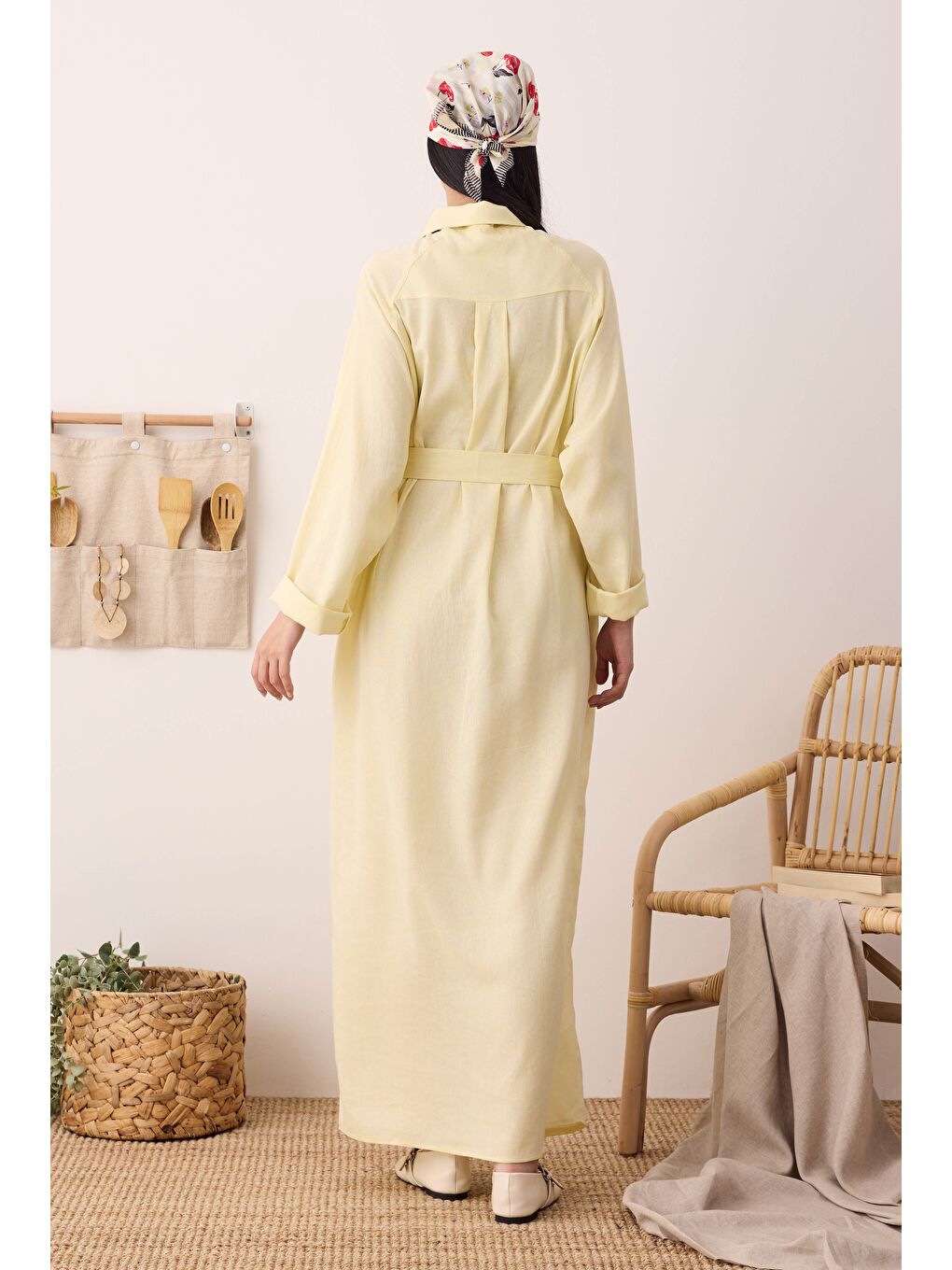 Reglan Kol Keten Elbise Soft Sarı-3