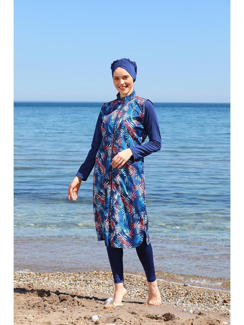 Lacivert Dijital Baskılı Uzun Jile Model Kapalı Tesettür Mayo 3482-1