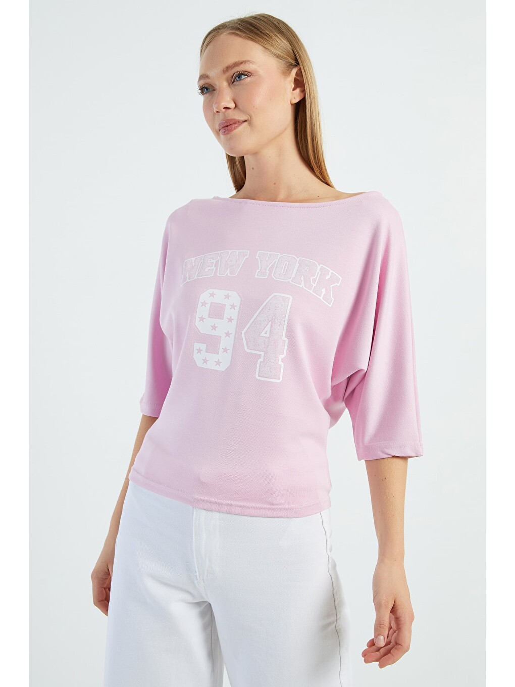 Pembe New York Baskılı Yarasa Kol Bluz-2