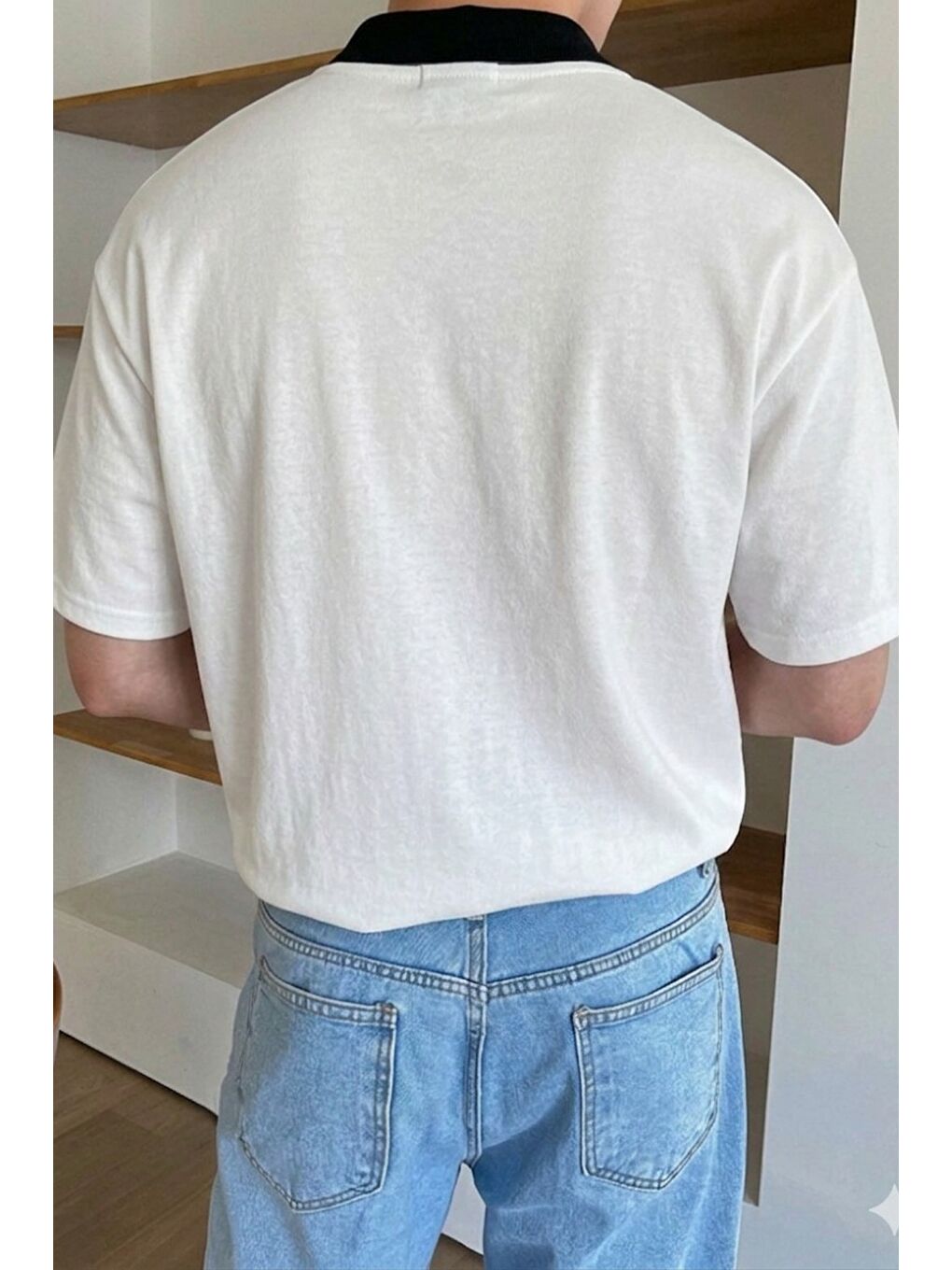 Beyaz Erkek Kolej Yaka Tişört Kontrast Detaylı Casual Regular Polo Yaka T-shirt-2