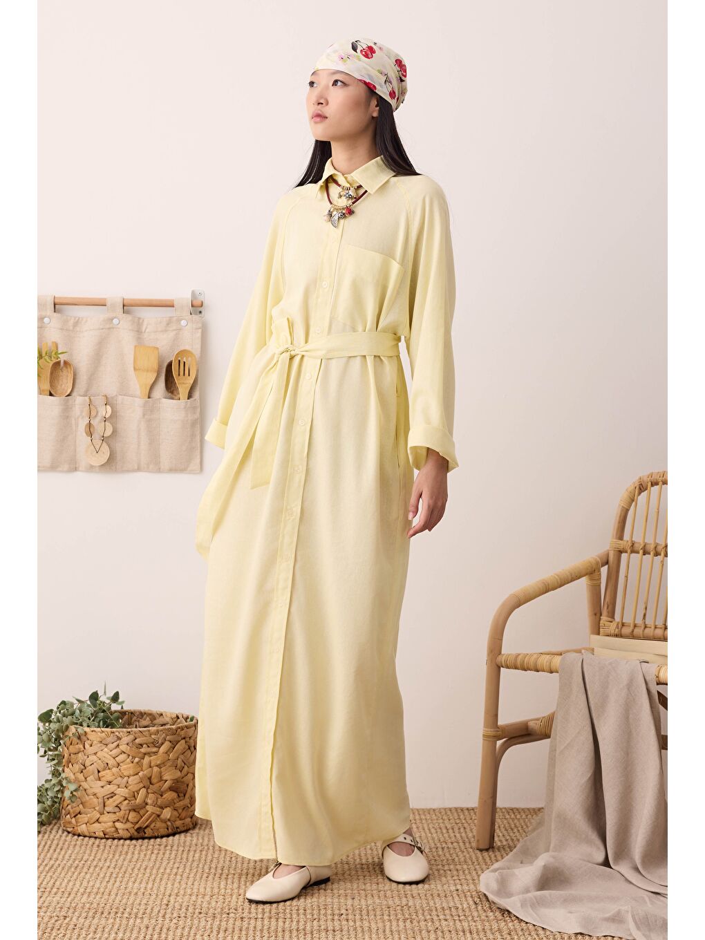 Reglan Kol Keten Elbise Soft Sarı-4