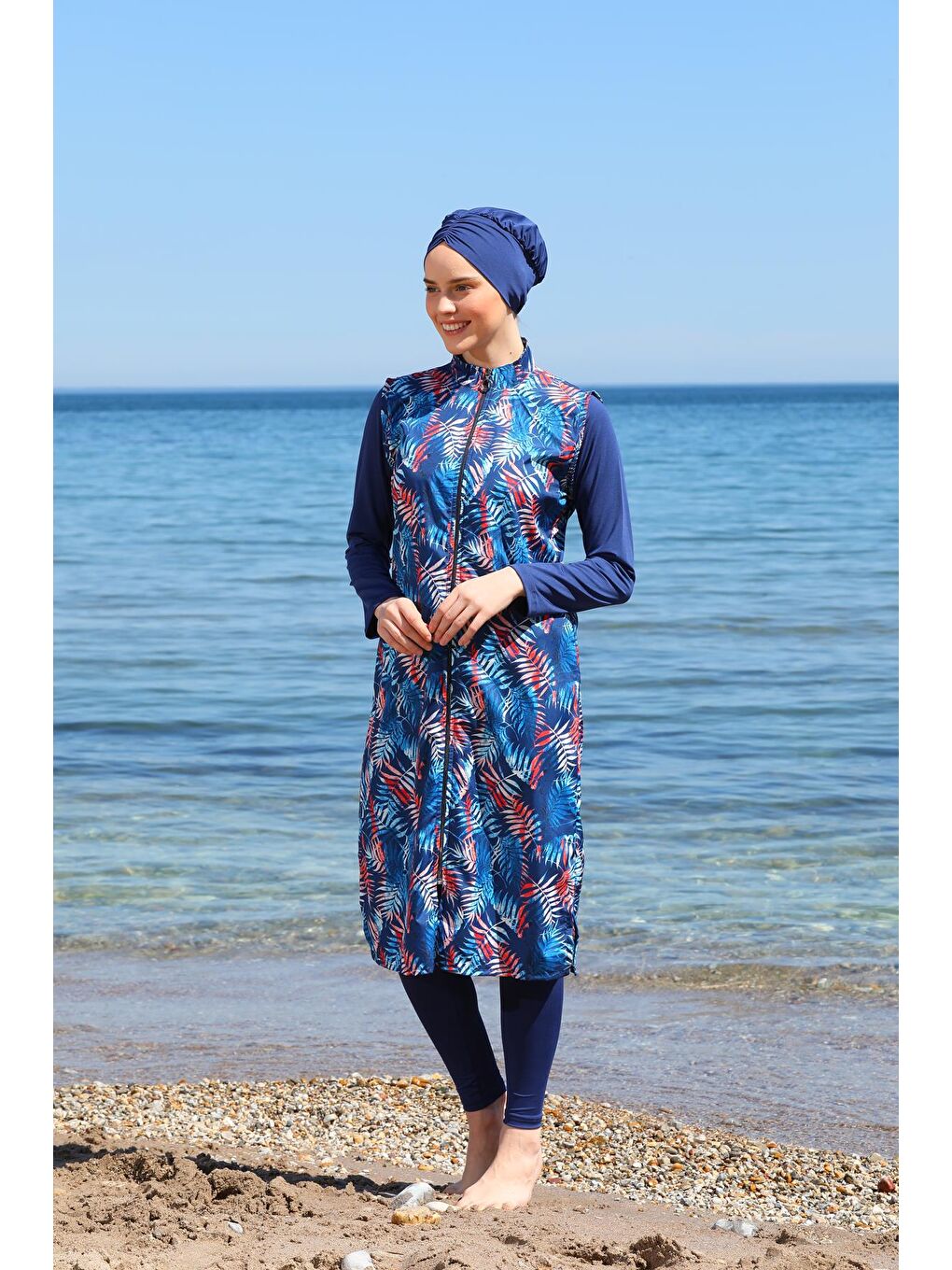 Lacivert Dijital Baskılı Uzun Jile Model Kapalı Tesettür Mayo 3482-2