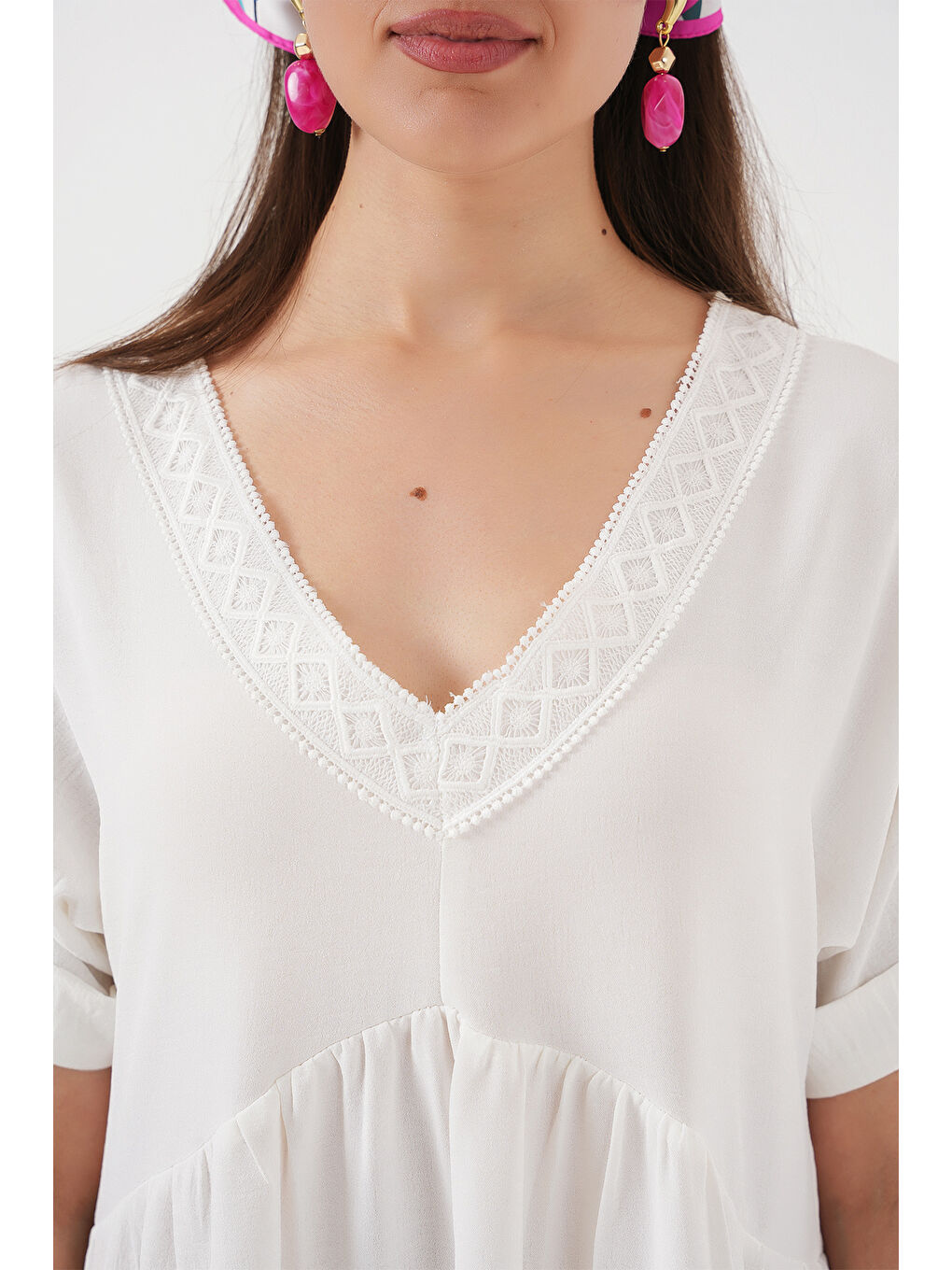 Kadın V Yaka Kısa Kol Elbise 2567 - Beyaz-4