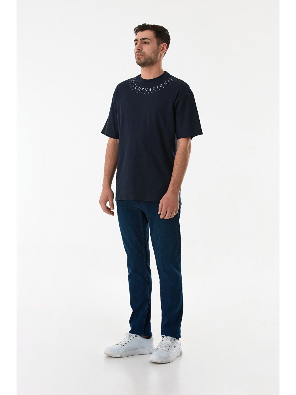 Lacivert Yazı Baskılı Oversize Tişört-1