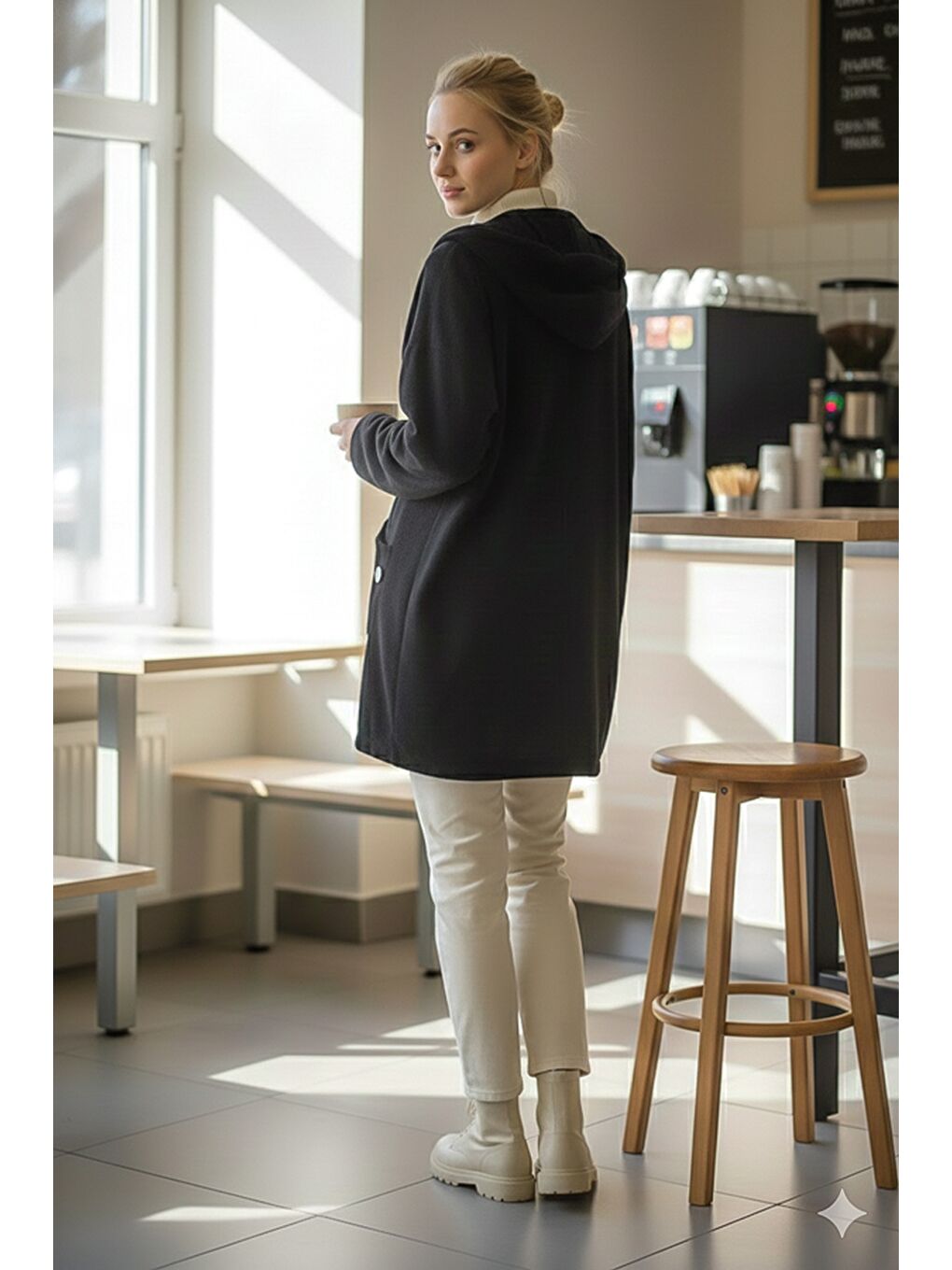 İtalyan Siyah Kapüşonlu Uzun Kol Fermuarlı Cepli Casual Kadife Oversize Dokuma Ceket 0 0-3