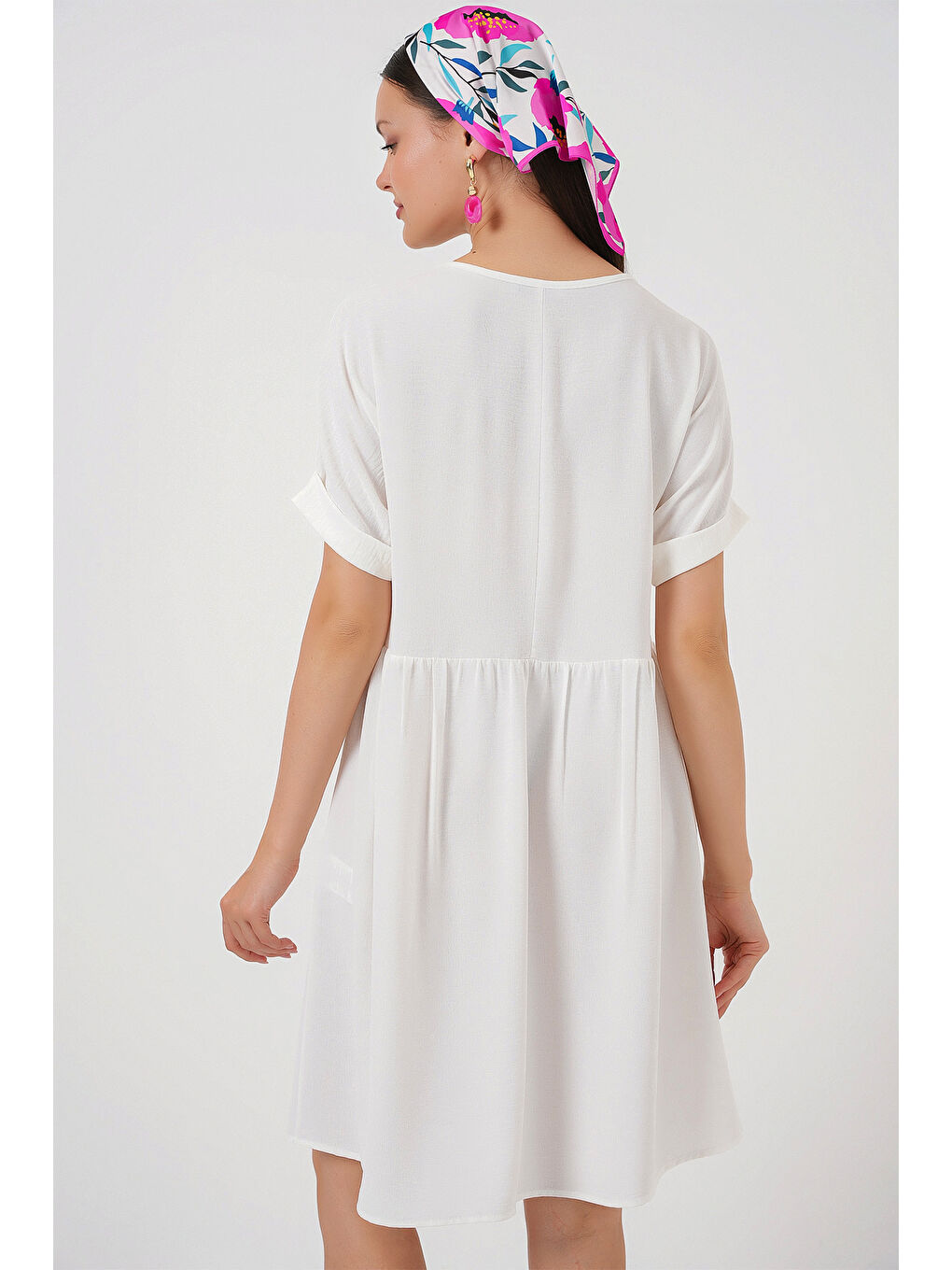 Kadın V Yaka Kısa Kol Elbise 2567 - Beyaz-5