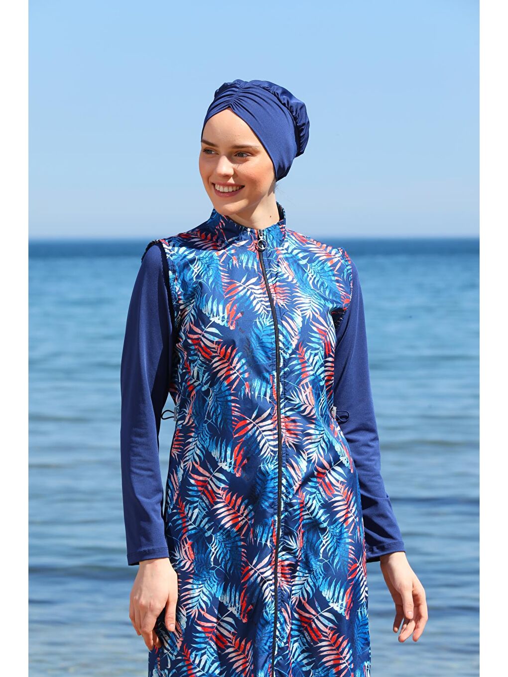 Lacivert Dijital Baskılı Uzun Jile Model Kapalı Tesettür Mayo 3482-3