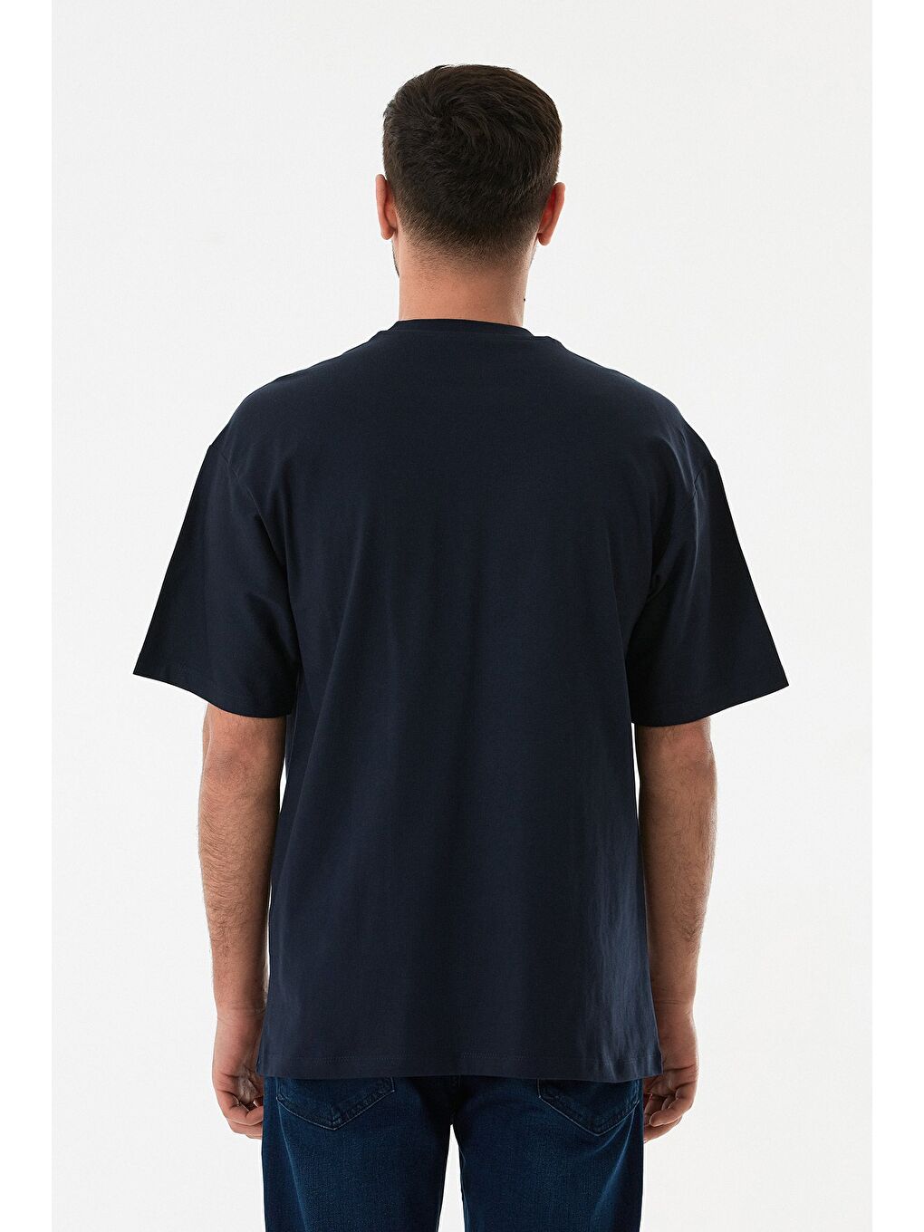 Lacivert Yazı Baskılı Oversize Tişört-3