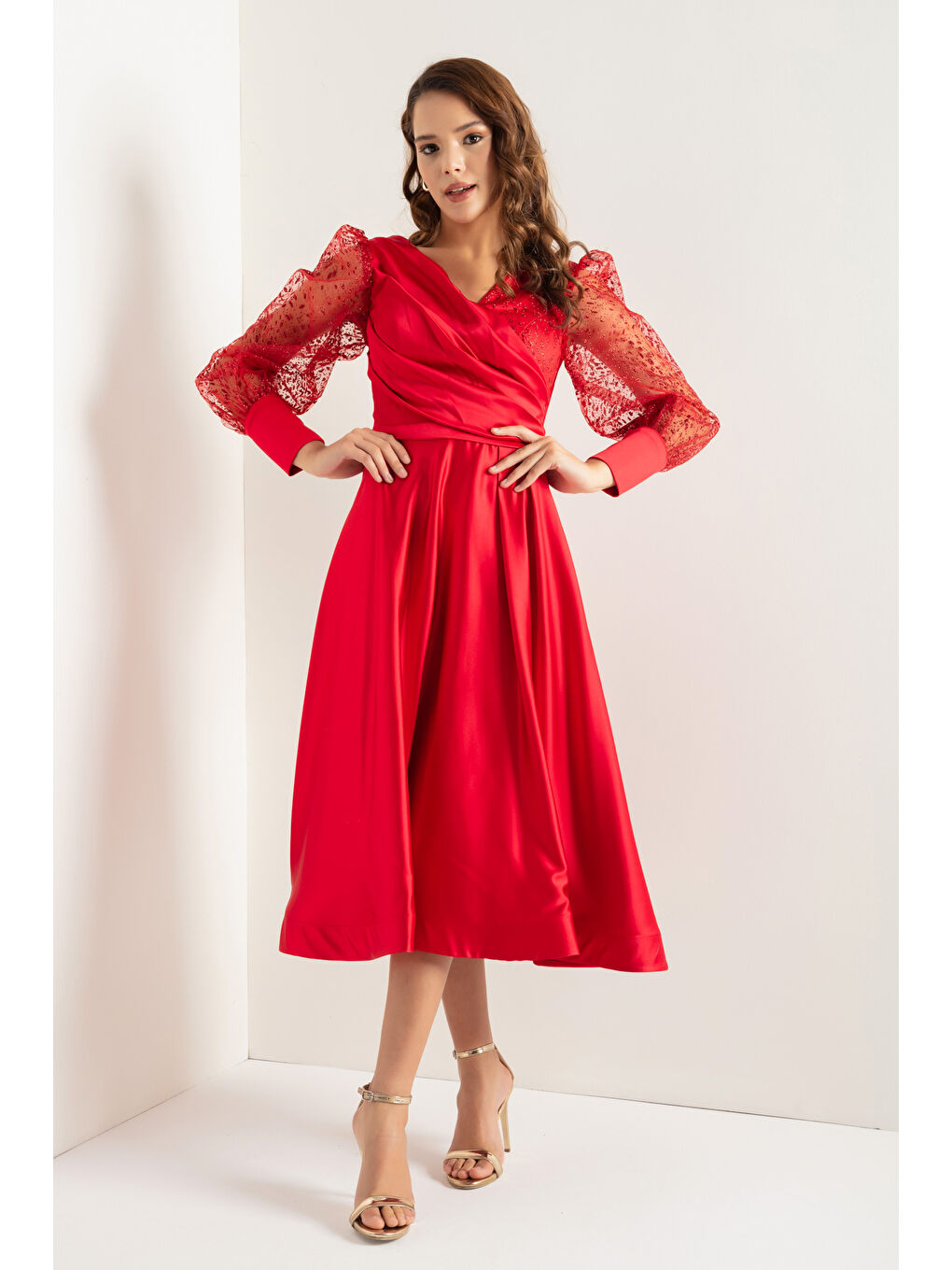 Kadın Kırmızı Kruvaze Yaka Simli Midi Saten Abiye Elbise-2