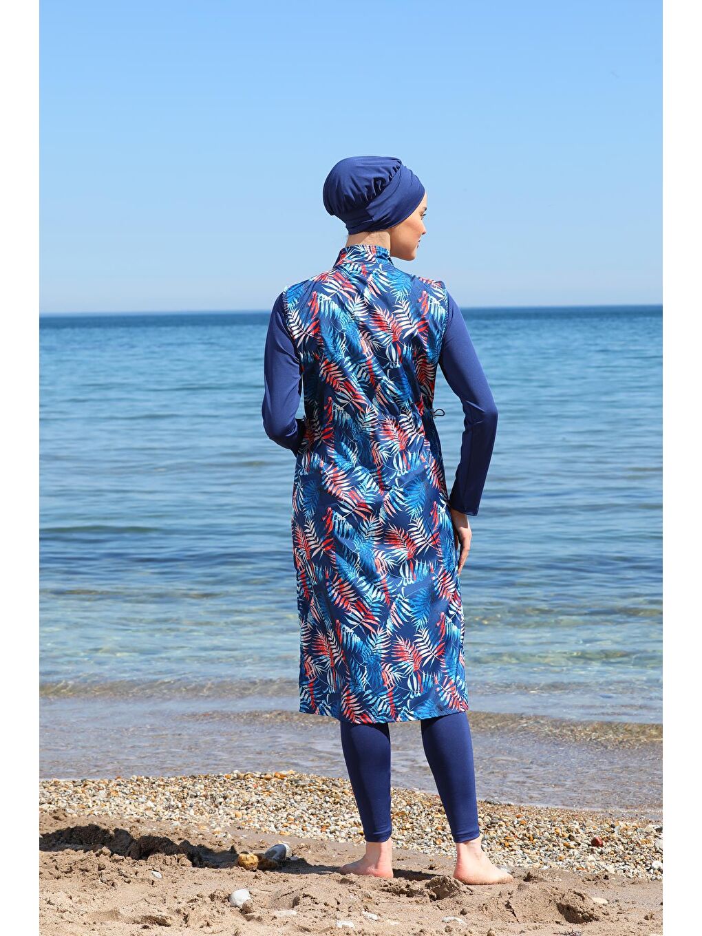 Lacivert Dijital Baskılı Uzun Jile Model Kapalı Tesettür Mayo 3482-4